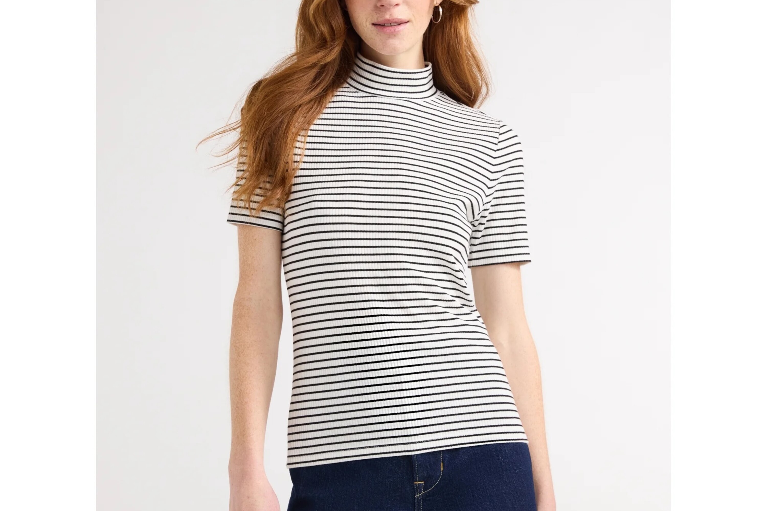 Free Assembly Women's Ribbed Mock Neck Top with Short Sleeves, Sizes XS-XXL