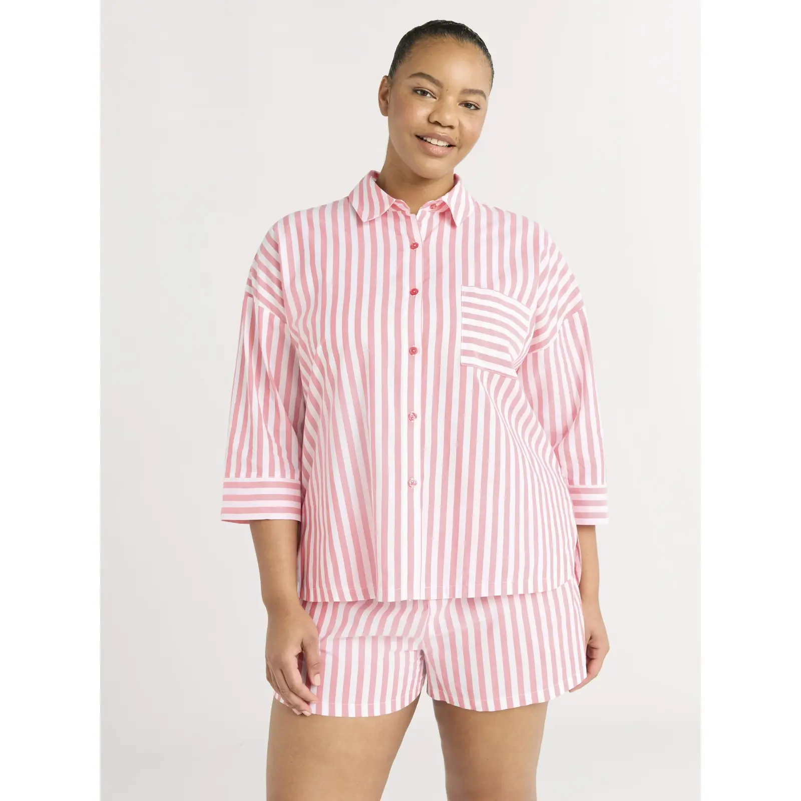 Joyspun Woven ¾ Sleeve Notch Collar Top and Boxer Shorts Pajama Set