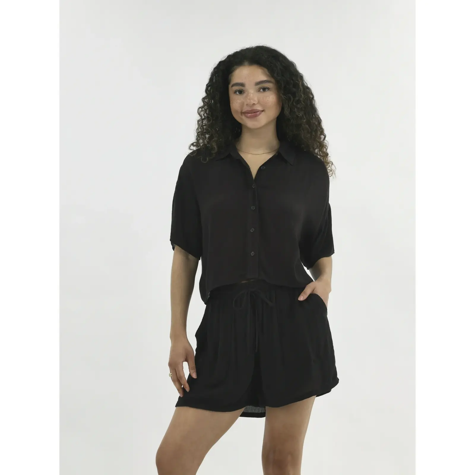 No Boundaries Woven Button Front Top and Shorts Set