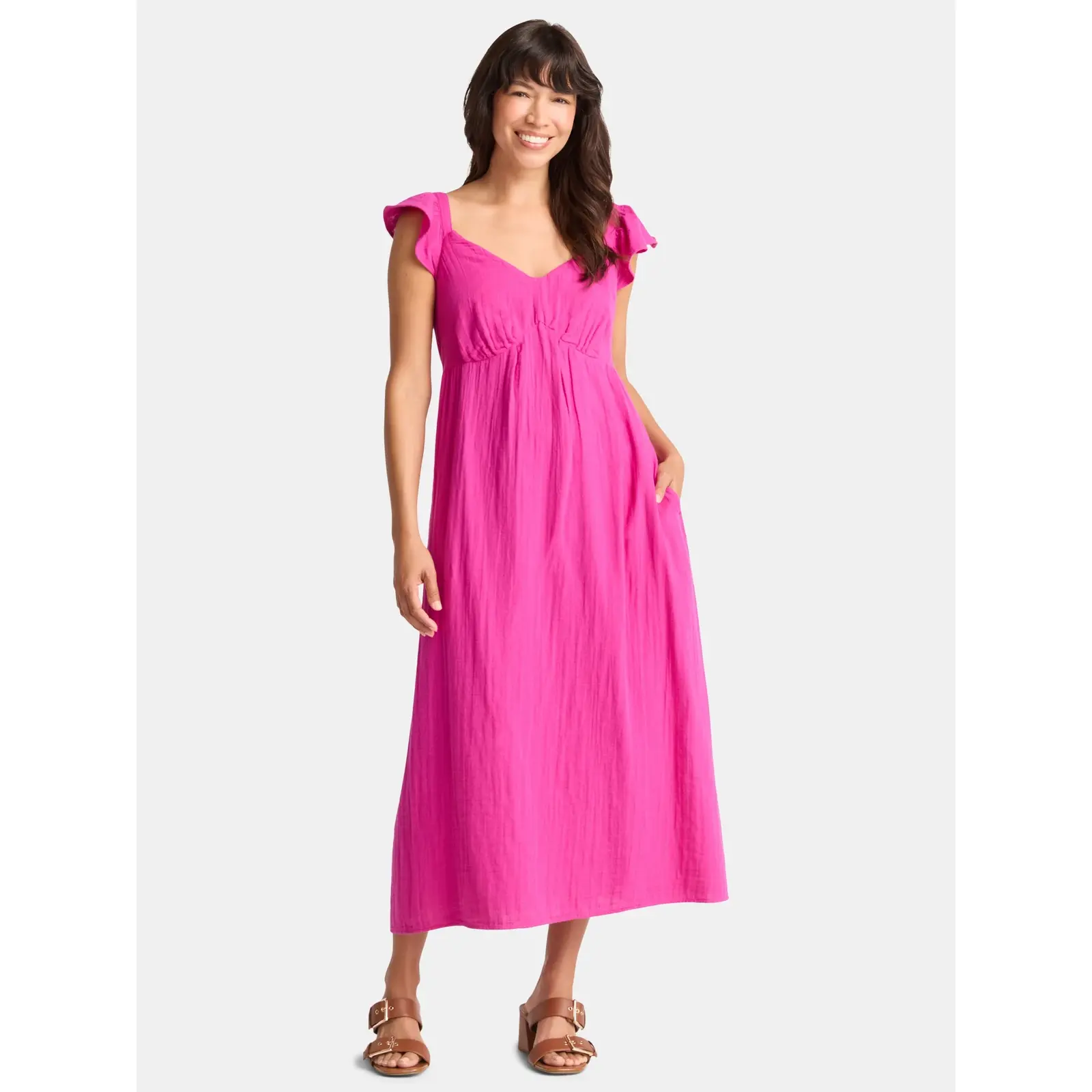 Time and Tru Cotton Midi Dress with Flutter Sleeves