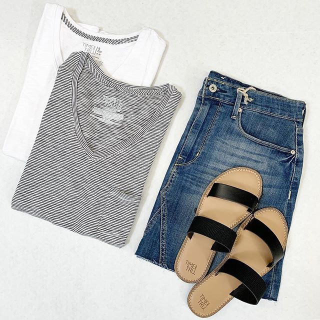 Spring Staples - Jean Skirt, Basic Tee, and Sandals