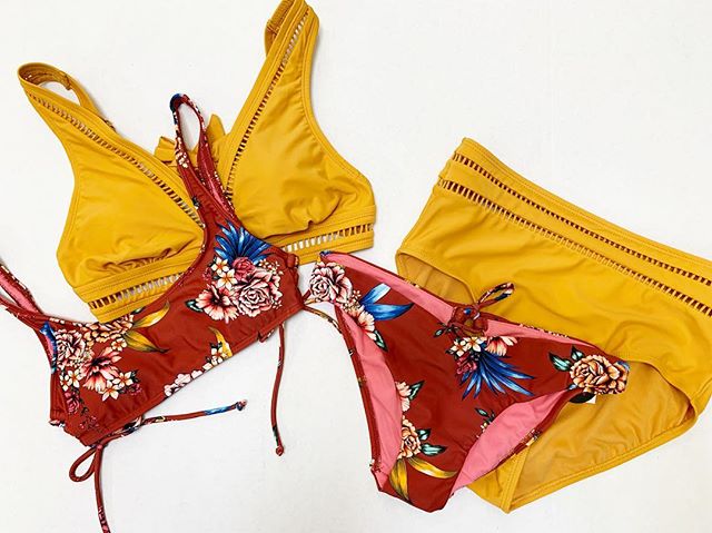 Time and Tru Mustard High-Waisted Bikini and NoBo Desert Rose Bikini
