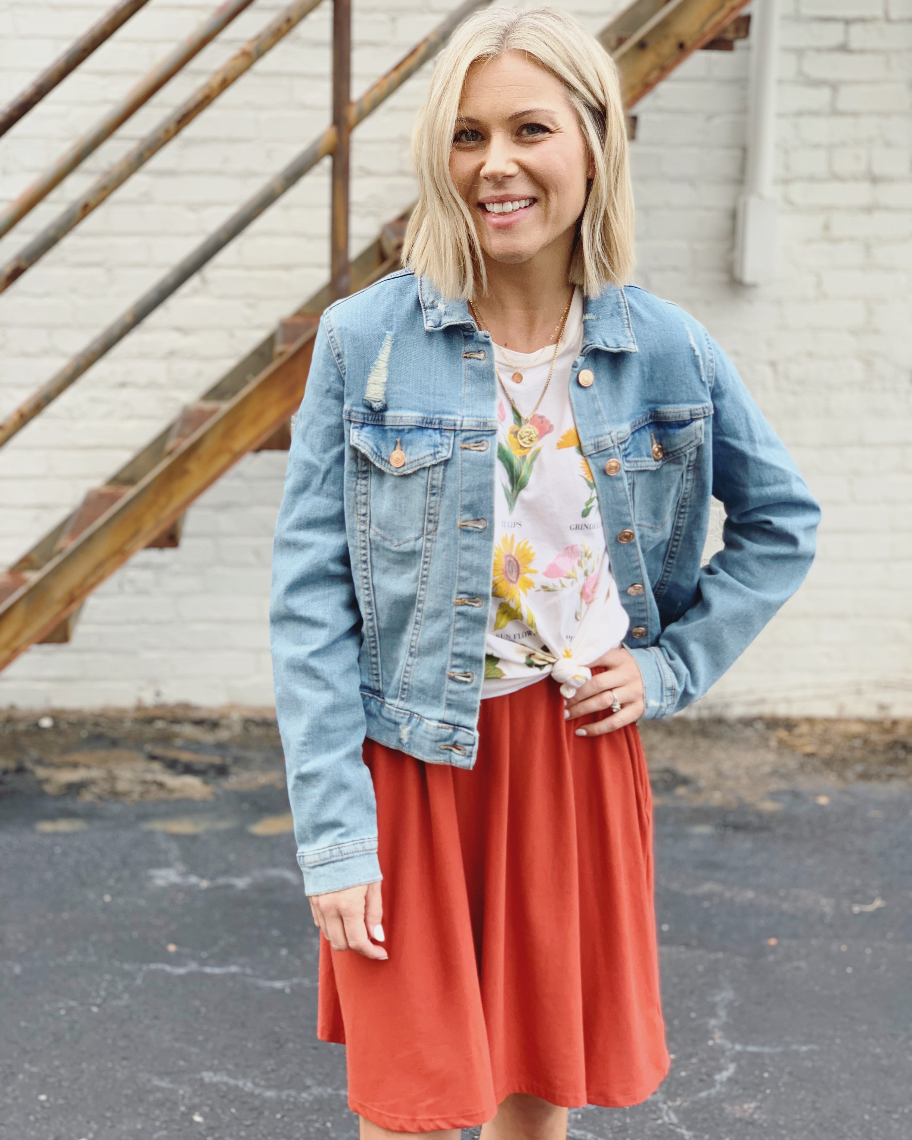 Time and Tru Sleeveless Knit Dress, Botanical Tee, and Sofia Vergara Denim Jacket
