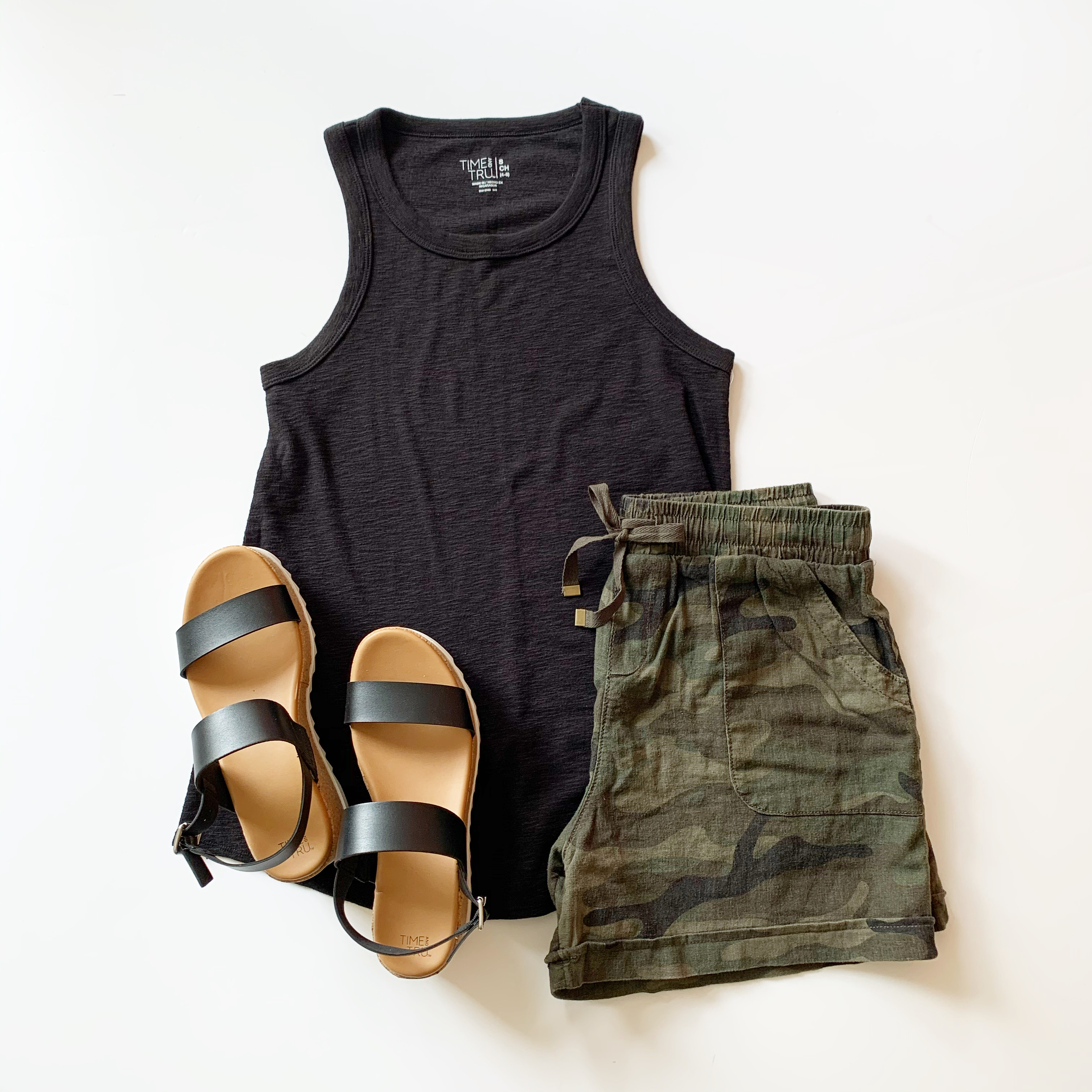 Time and Tru Tank, Camo Linen Shorts, and Flatform Sandals