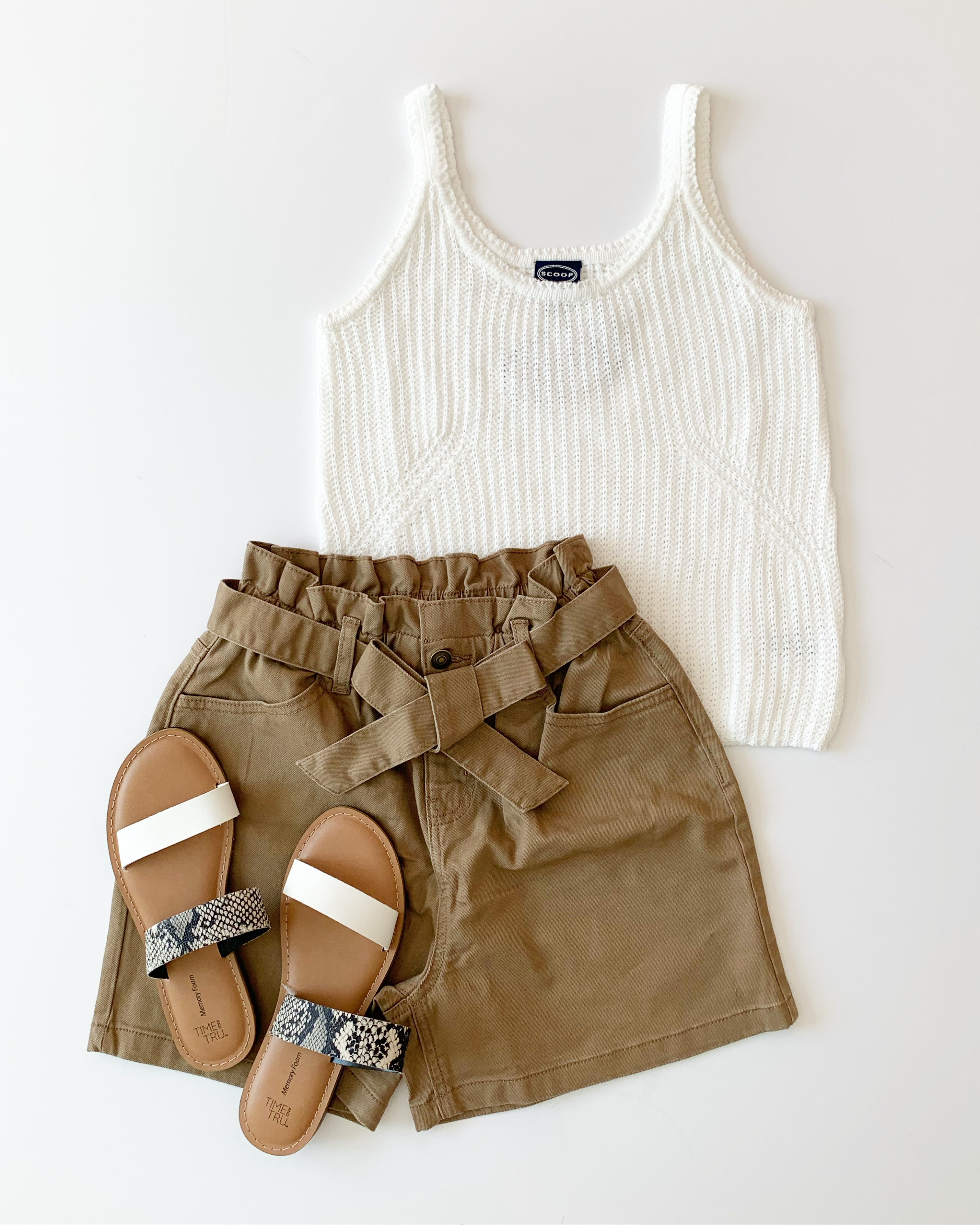 Time and Tru Paper Bag Shorts, Scoop Sweater Tank, and Slide Sandals