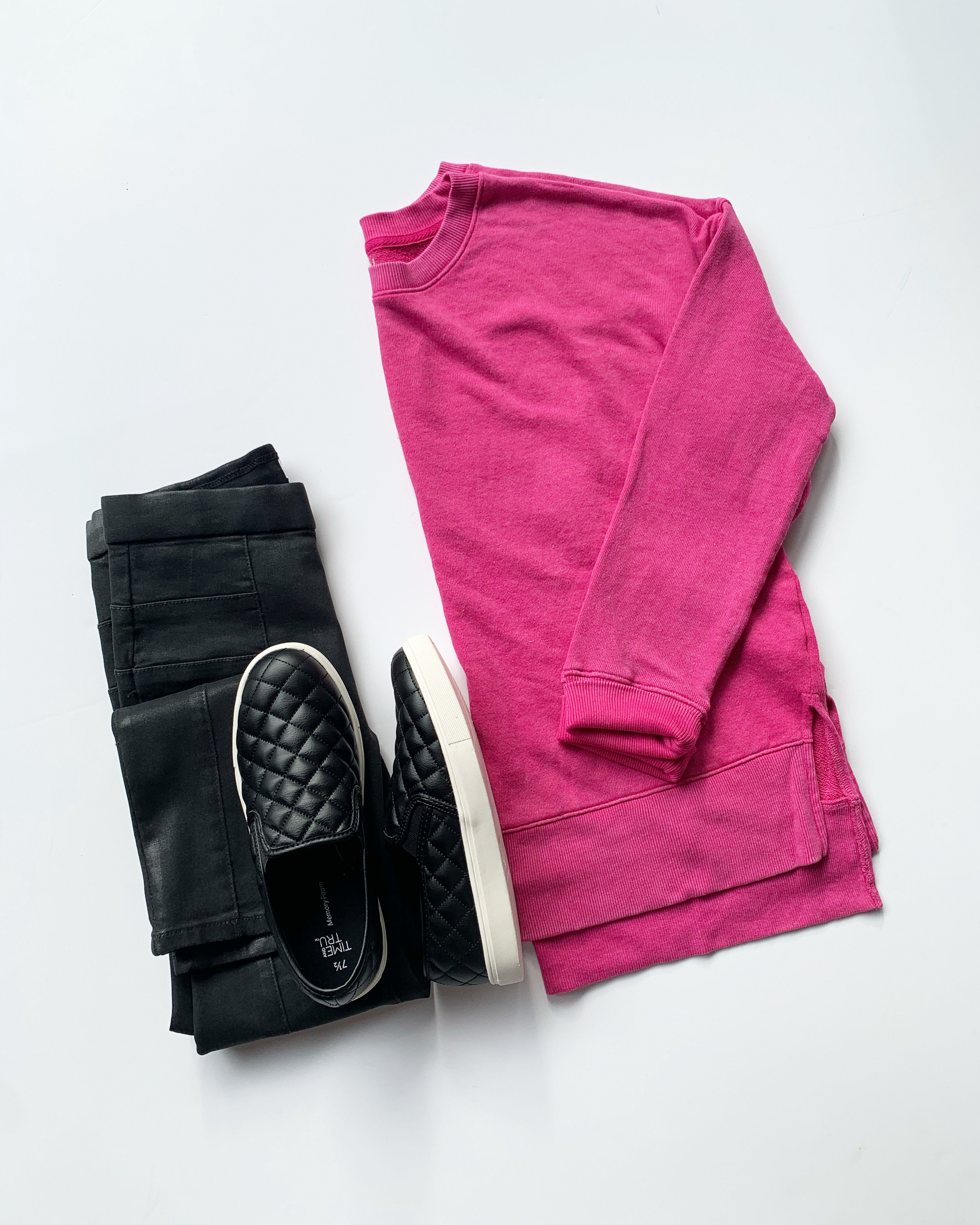 Time and Tru Crewneck Sweatshirt and Quilted Slip-Ons + Sofia Vergara  Coated Jeans