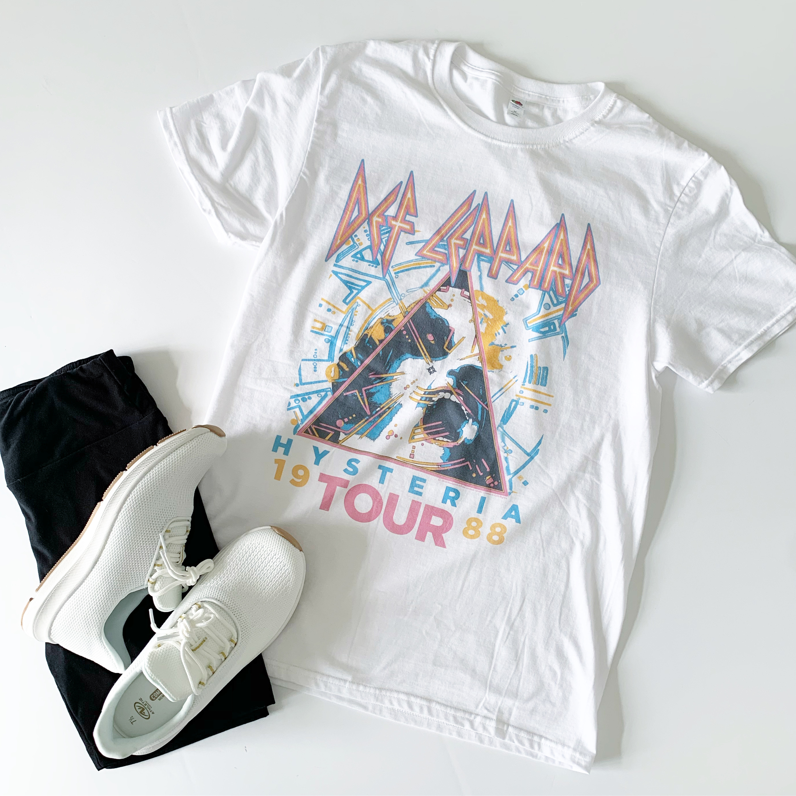 Def Leppard Band Tee, No Boundaries Bike Shorts and Athletic Works Sneakers