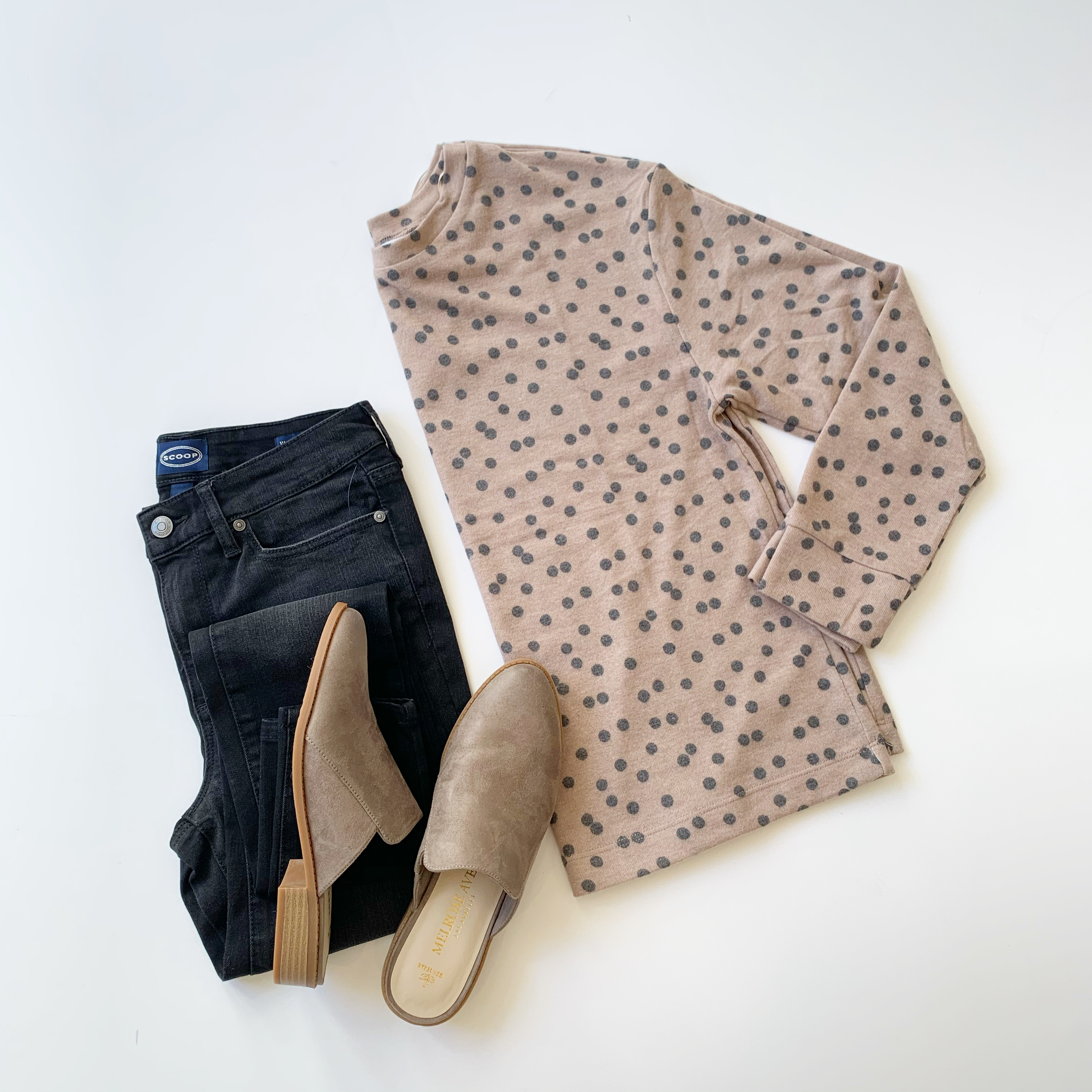 Time and Tru Hacci Pullover, Scoop Skinny Jeans, and Melrose Ave Suede Mules
