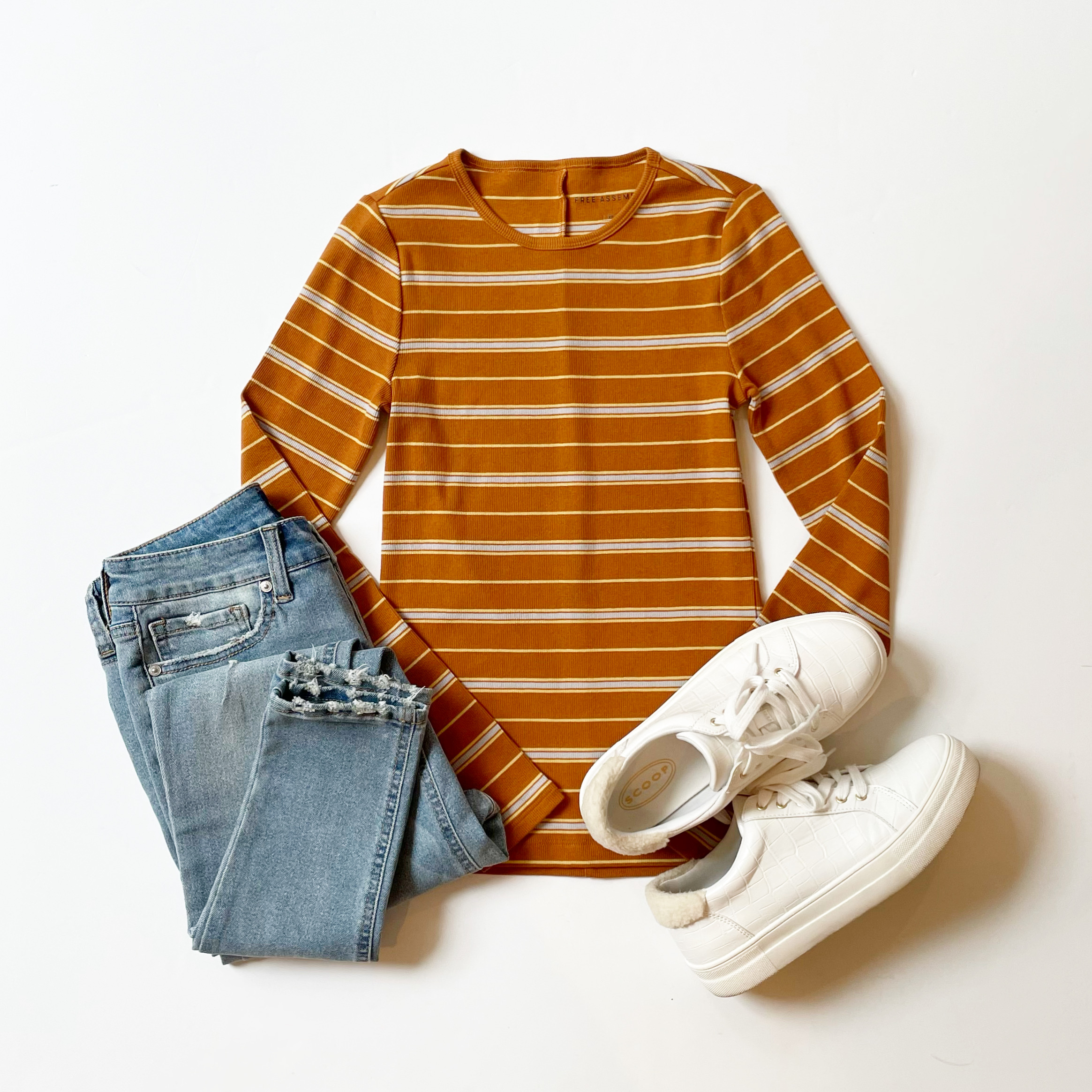 Free Assembly Long Sleeve Rib Tee, Scoop Skinny Jeans and Faux Croc Sneakers