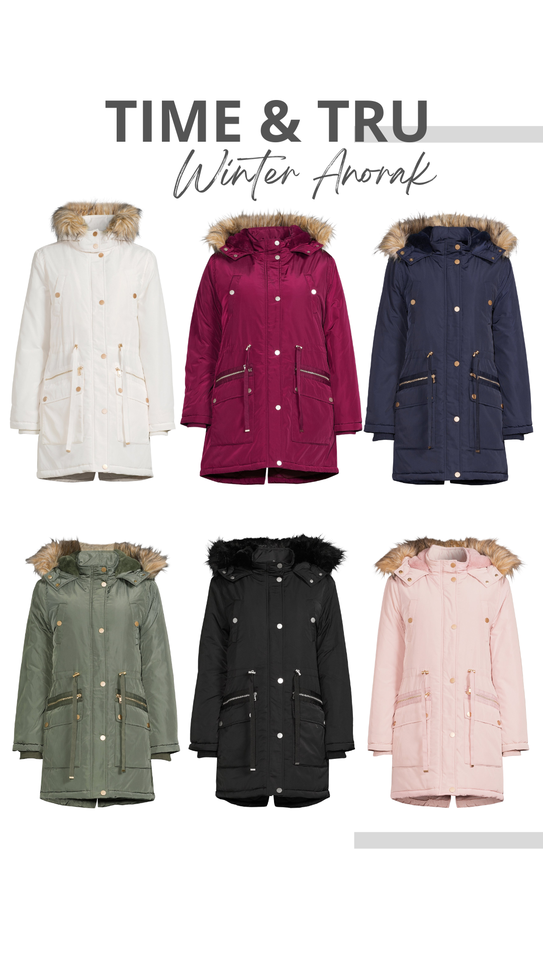 Time and Tru Anorak Coat with Faux Fur Trim Hood