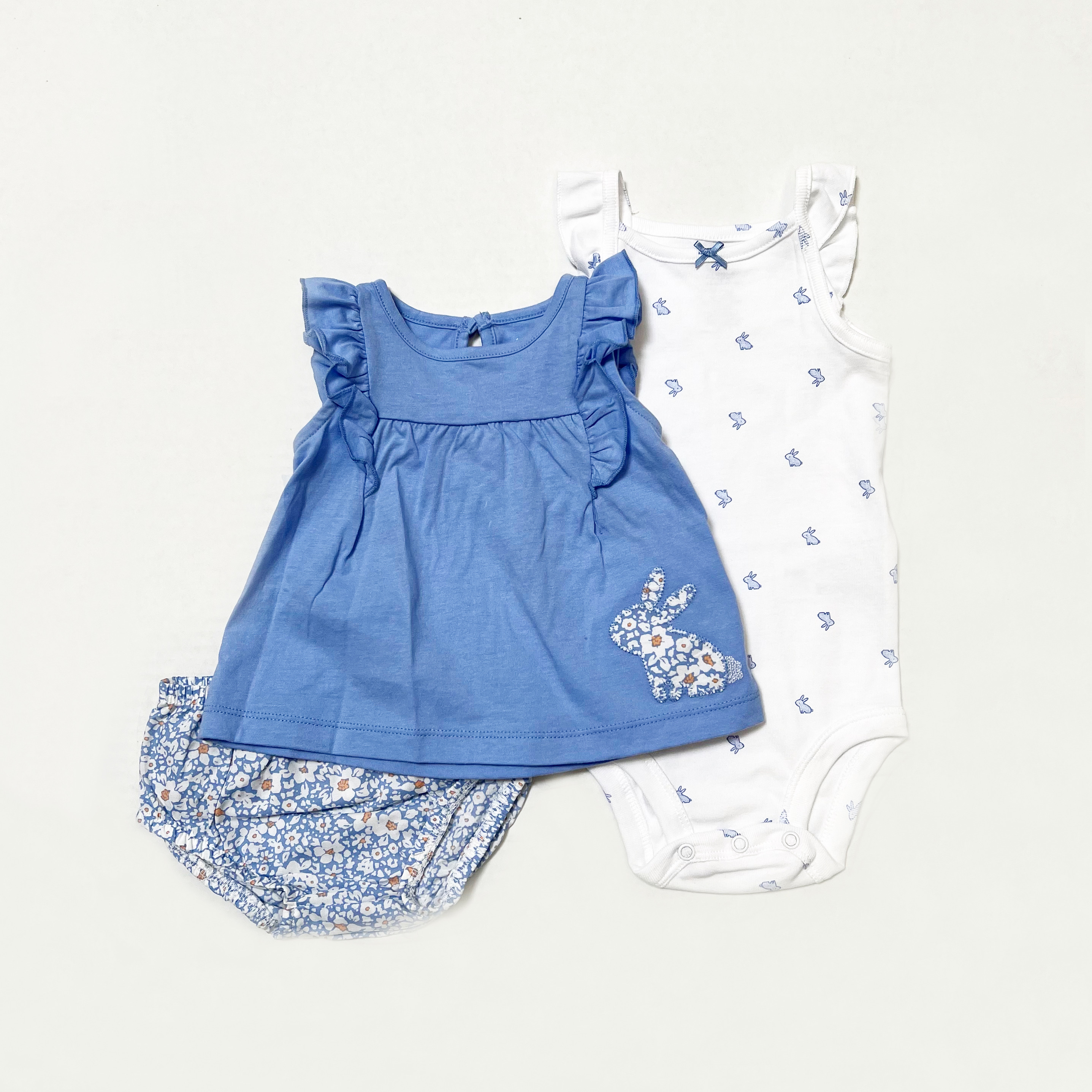 Child of Mine by Carter's Baby Girl Floral Bunny Sleeveless Bodysuit, Ruffle Top & Short Set