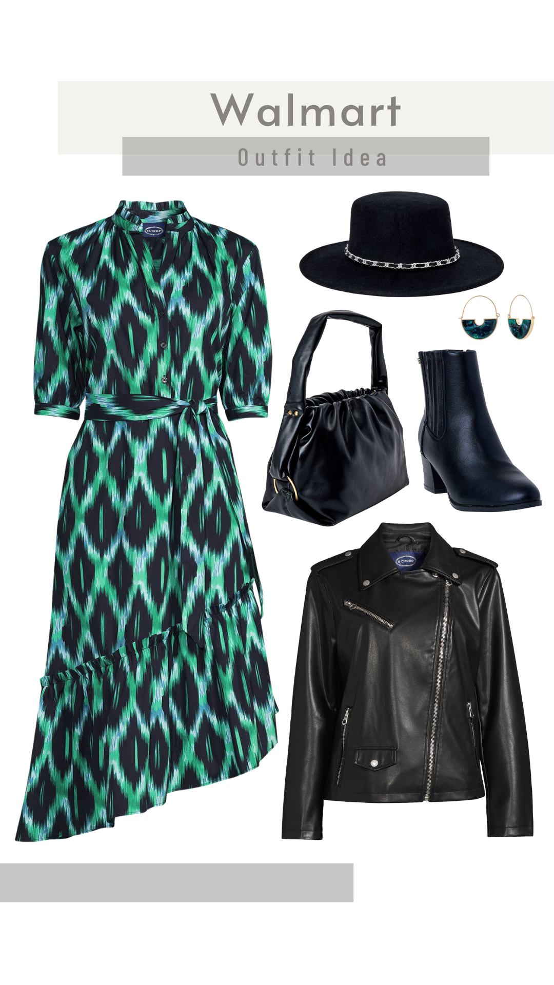 Walmart Outfit Idea - Scoop Midi Dress and Faux Leather Moto Jacket