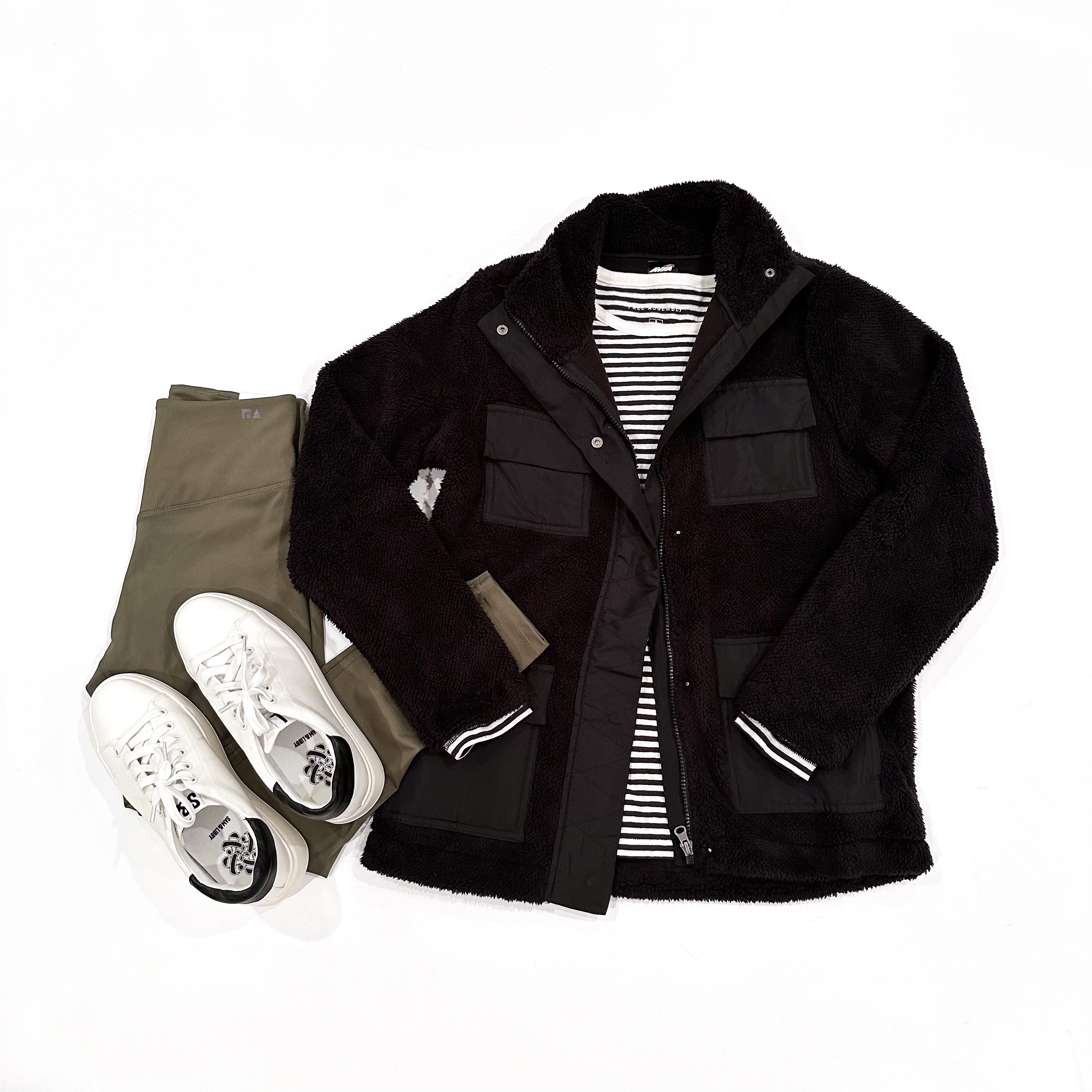 Avia Faux Sherpa Utility Jacket, Free Assembly Long Sleeve Tee & Leggings Paired With Sam & Libby Sneakers