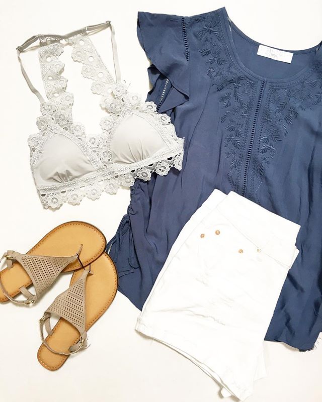 Lace Bralette, Fluttler Sleeve Top, Shorts, and Sandals