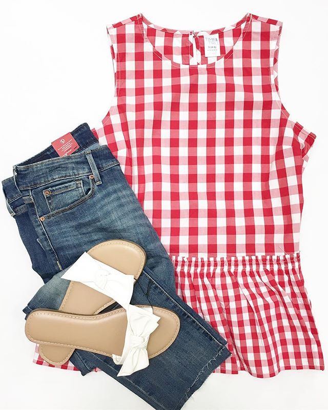 Gingham Peplum, Bow Slides, and Crop Jeans