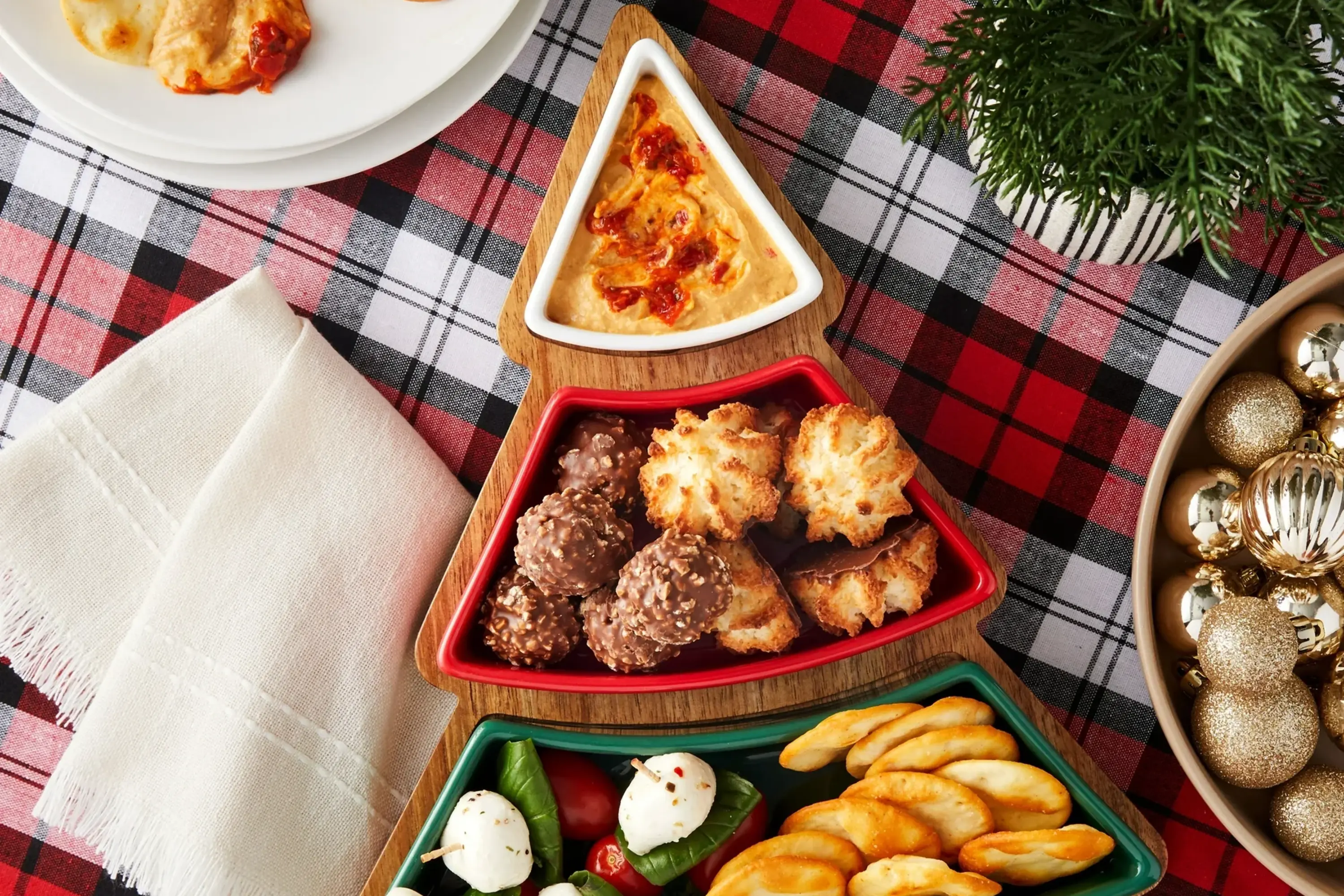 Holiday Time Acacia Wood Christmas Tree Charcuterie Tray with Ceramic Bowls