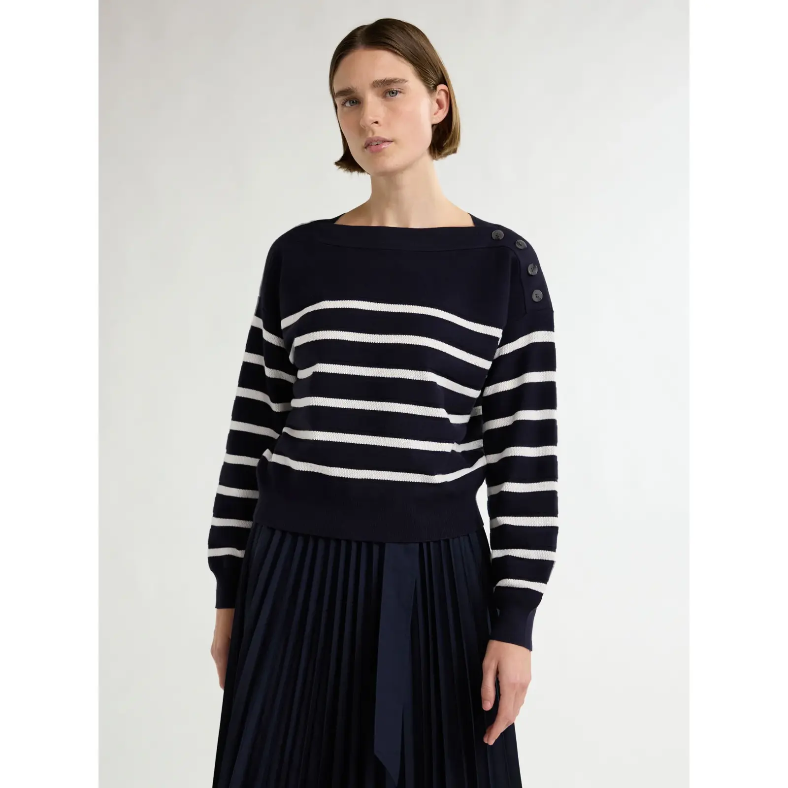 Free Assembly Button Shoulder Sweater with Long Sleeves