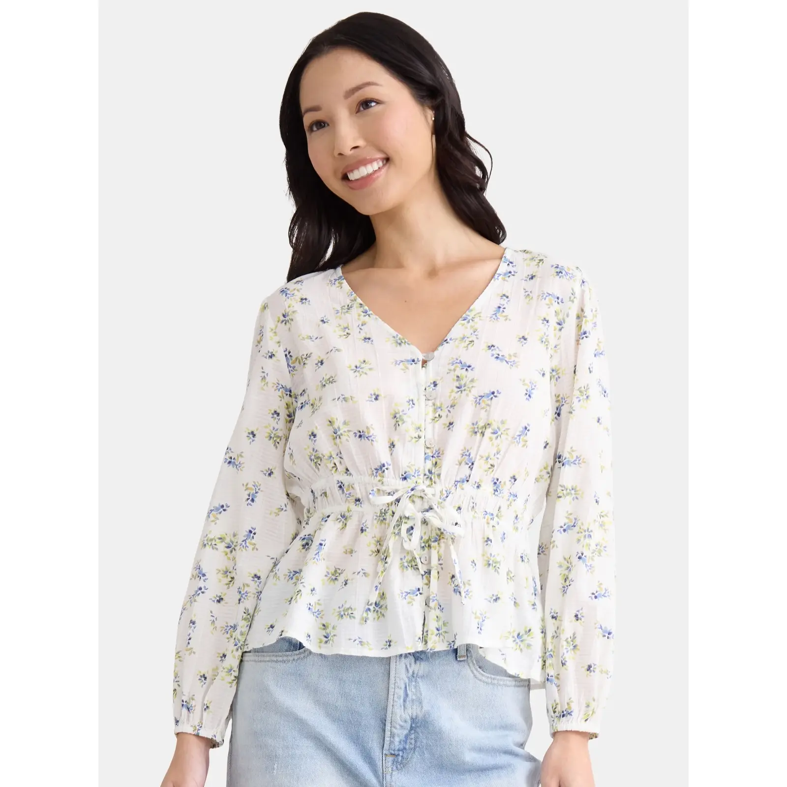 Time and Tru Floral Print Tie Waist Blouse