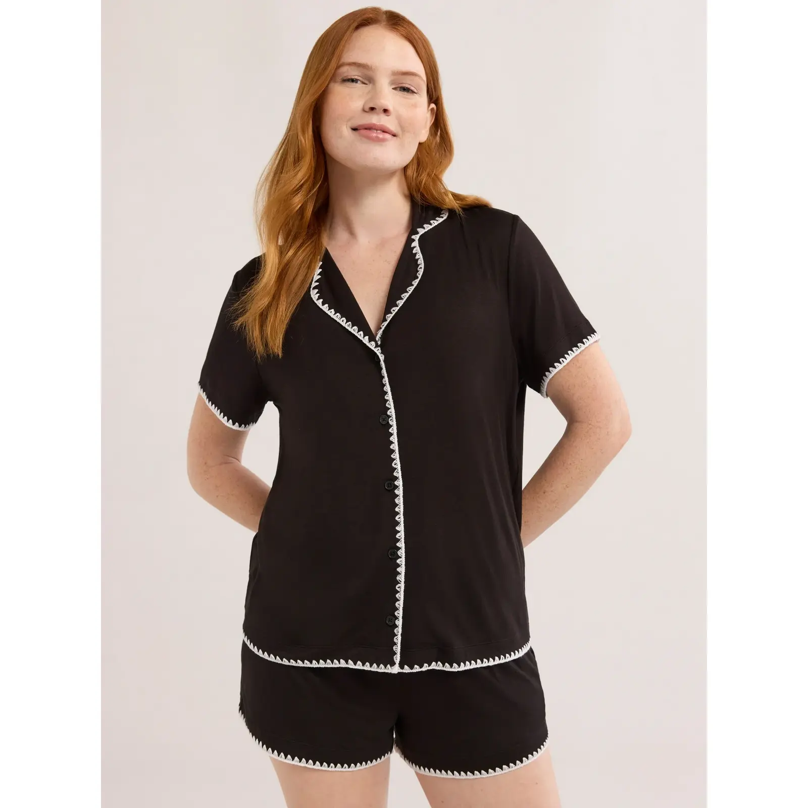 Joyspun Notch Collar Pajama Set with Blanket Stitching