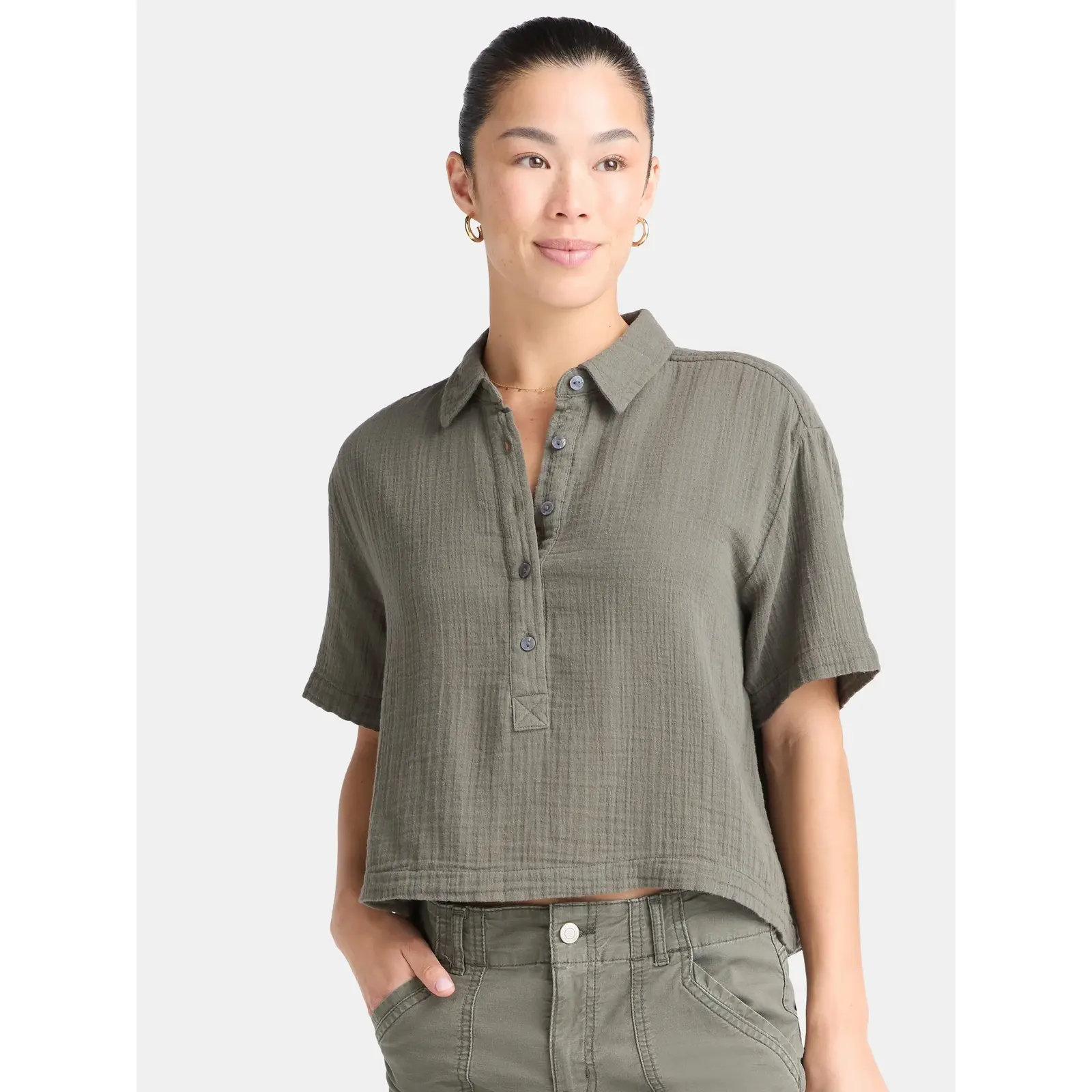 Time and Tru Cotton Double Cloth Cropped Shirt