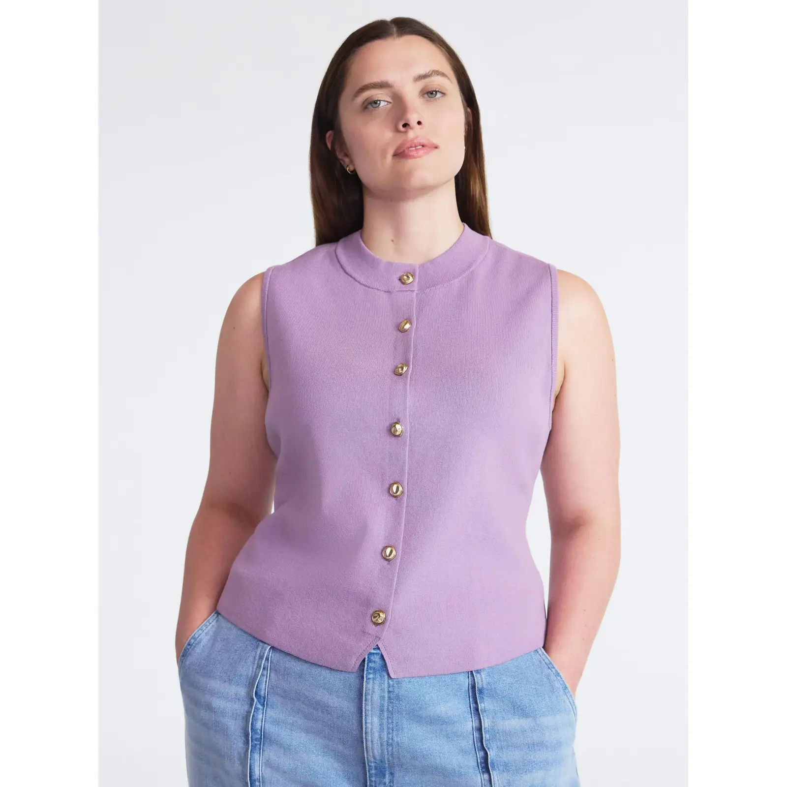 Scoop Mockneck Sweater Vest with Gold Tone Buttons