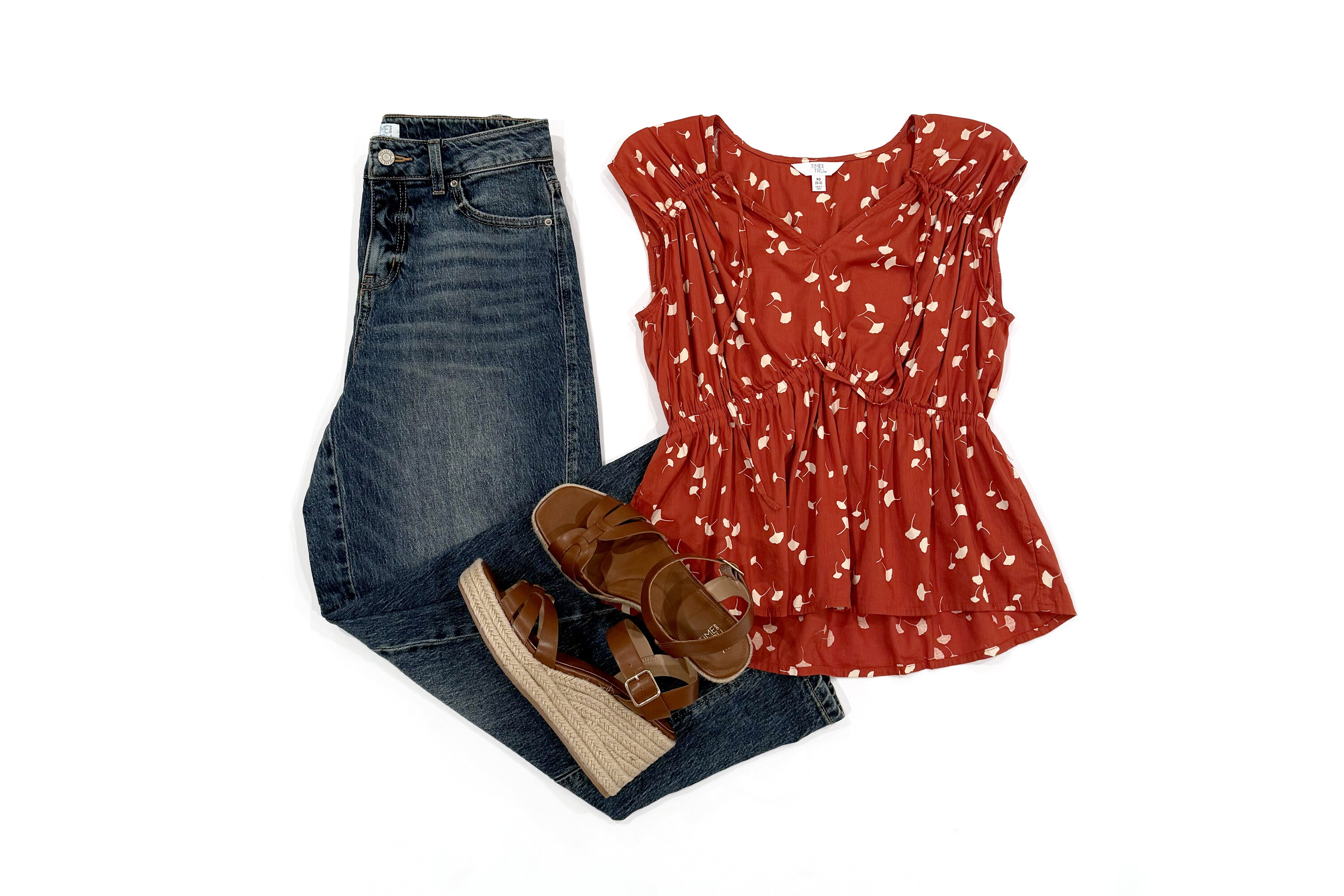 Time and Tru Spade Neck Blouse and Barrel Jean Outfit Idea