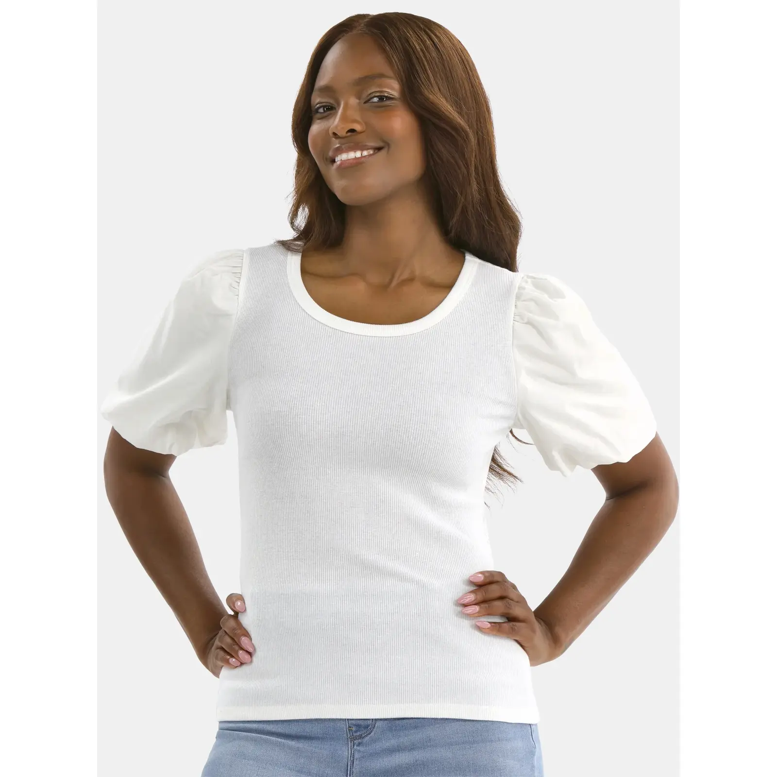 Time And Tru Women's Mixed Media Top with Short Puff Sleeves