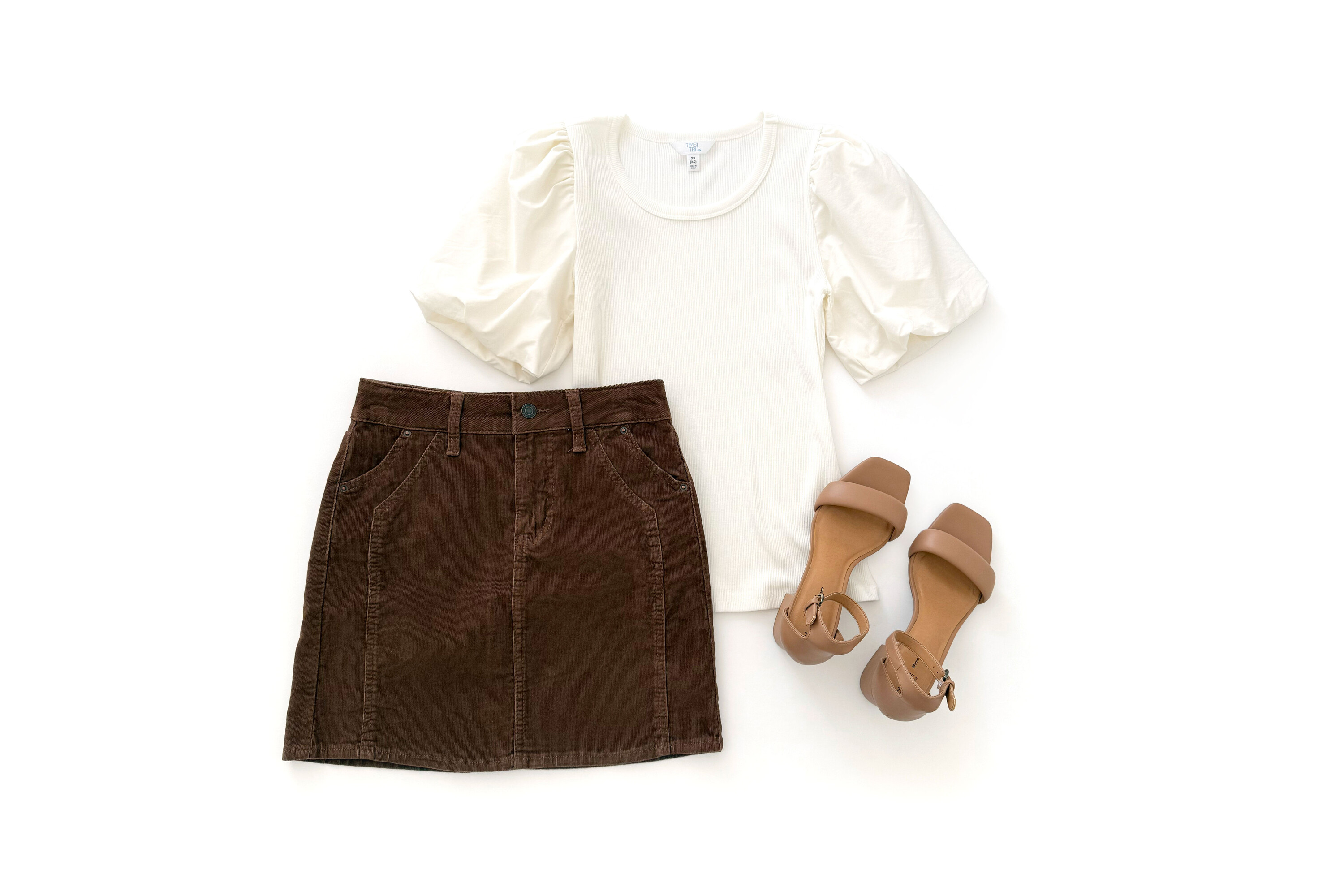 Time and Tru Puff Sleeve Top & Corduroy Skirt Outfit