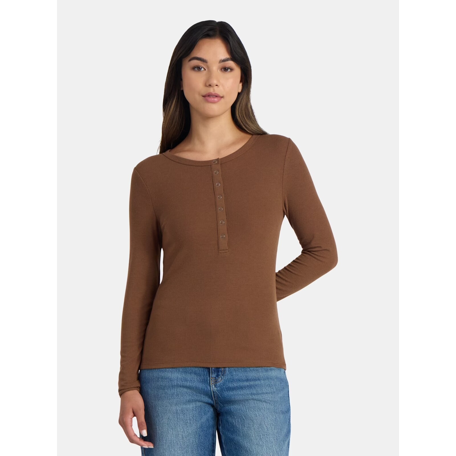 Time and Tru Ribbed Henley Shirt with Long Sleeves