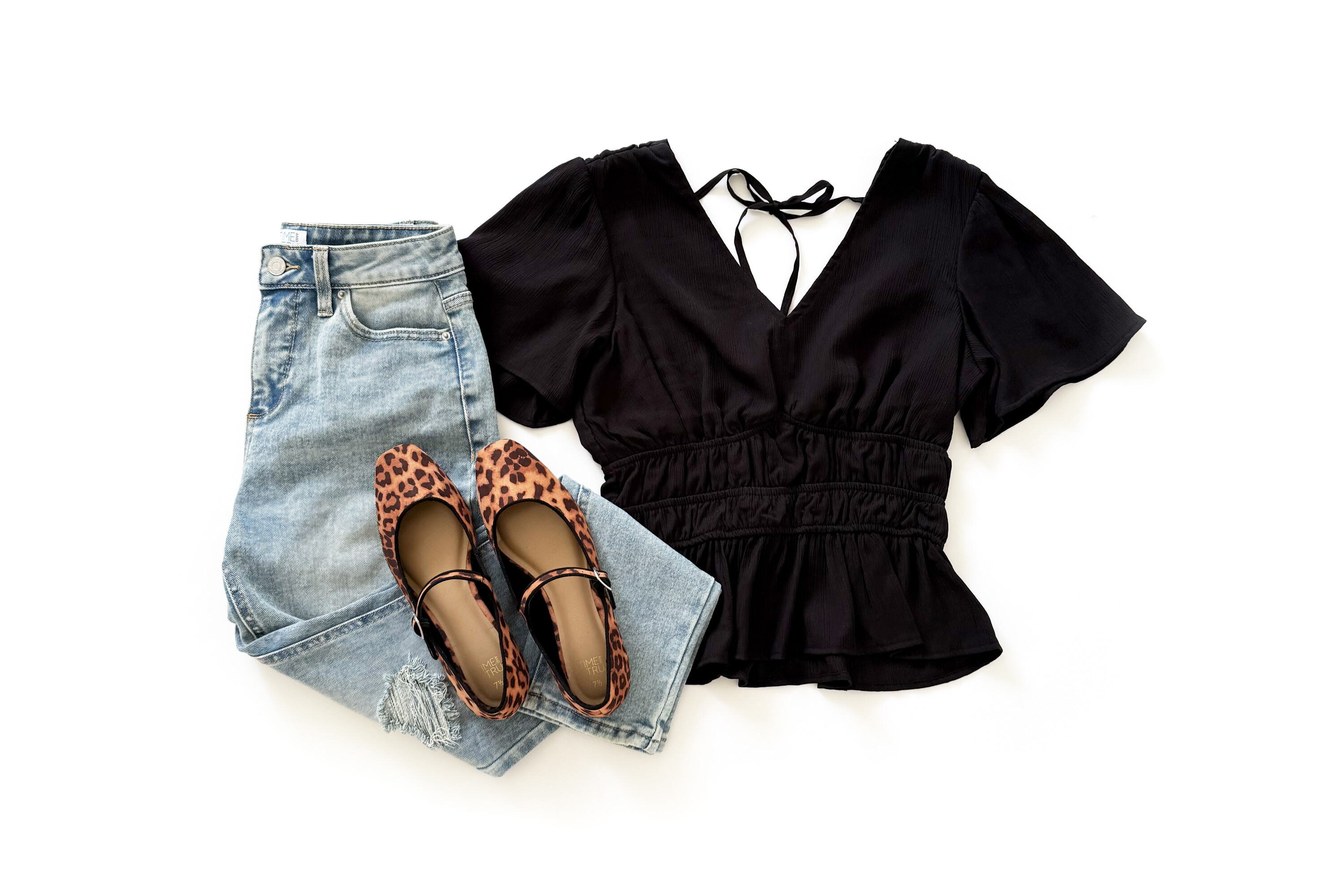 Time and Tru Cinched Waist Peplum Blouse & Mom Jeans Outfit Idea