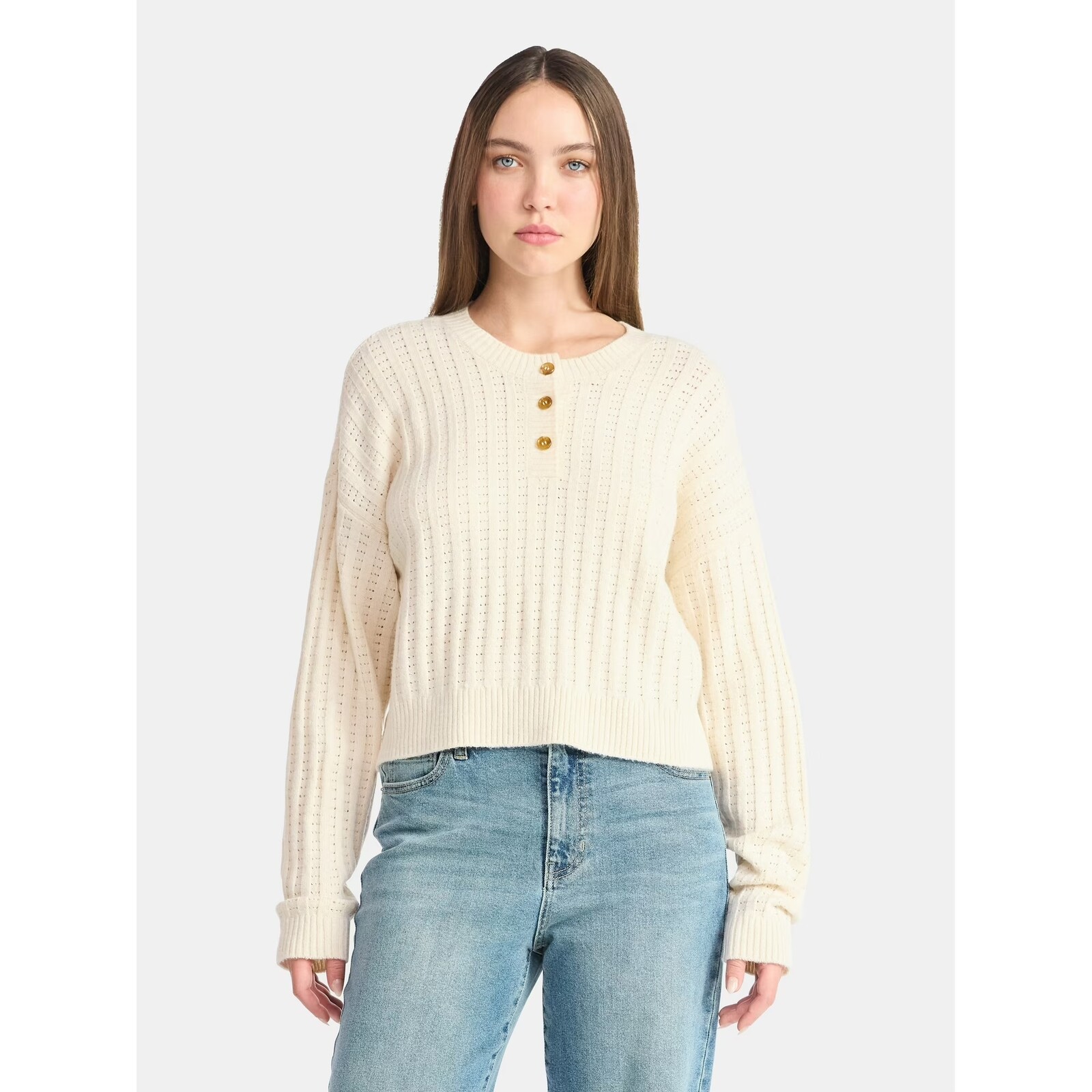 No Boundaries Pointelle Henley Pullover