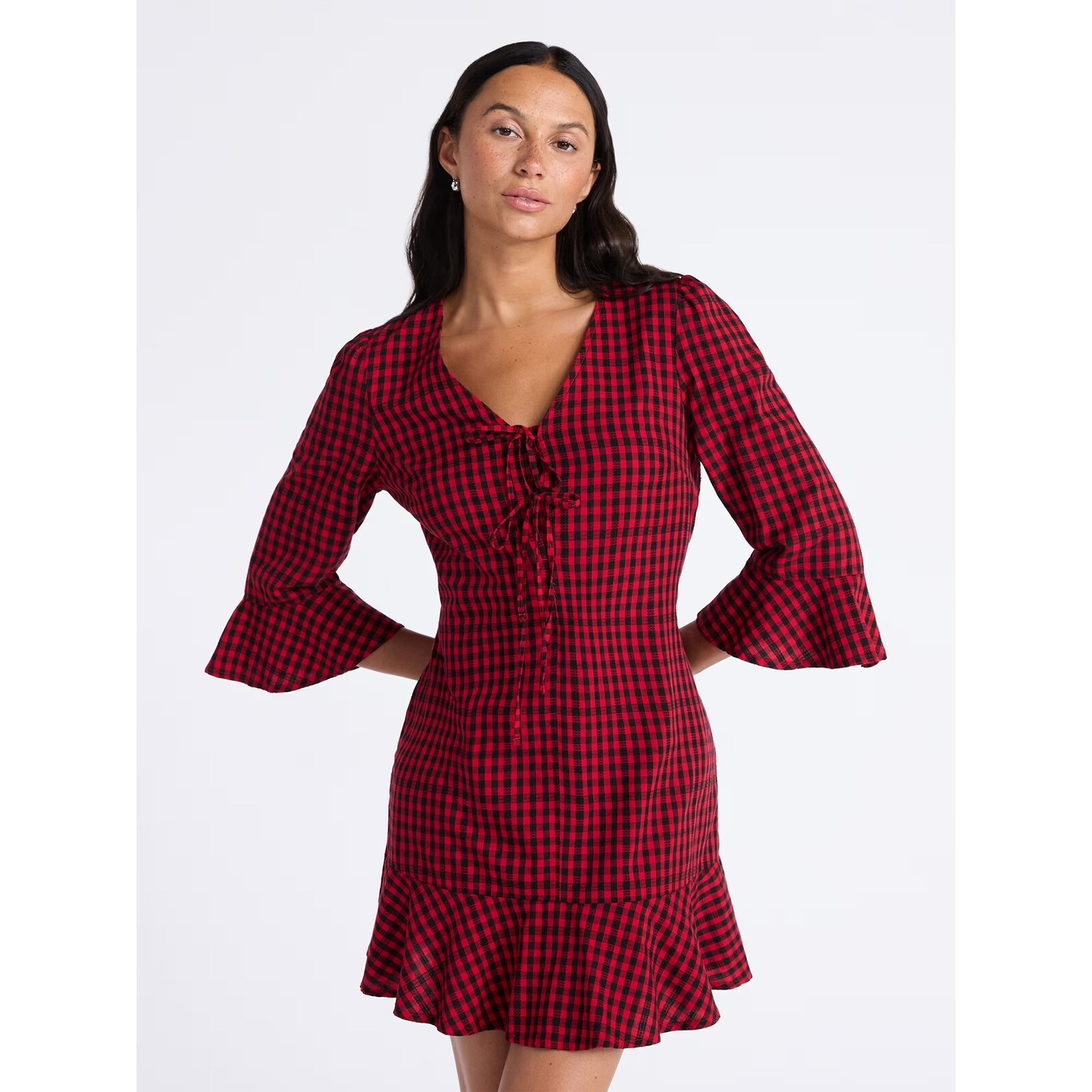 Time and Tru Plaid Tie Front Mini Dress