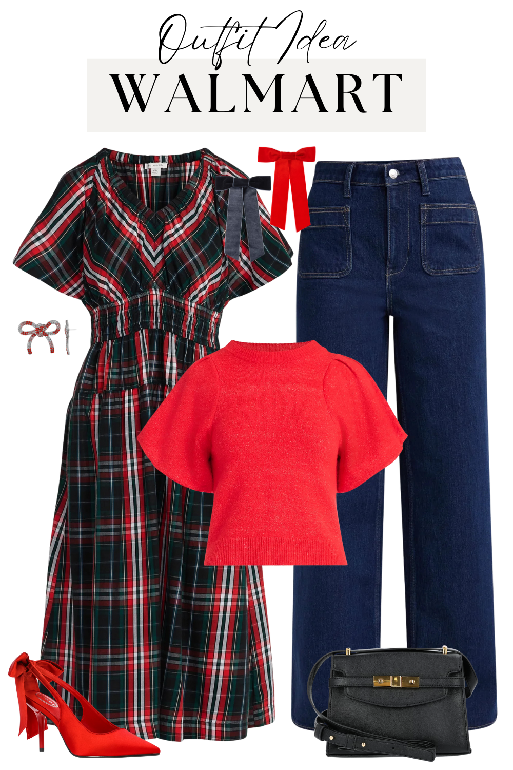 Festive Plaid Dress with Red Bow heels