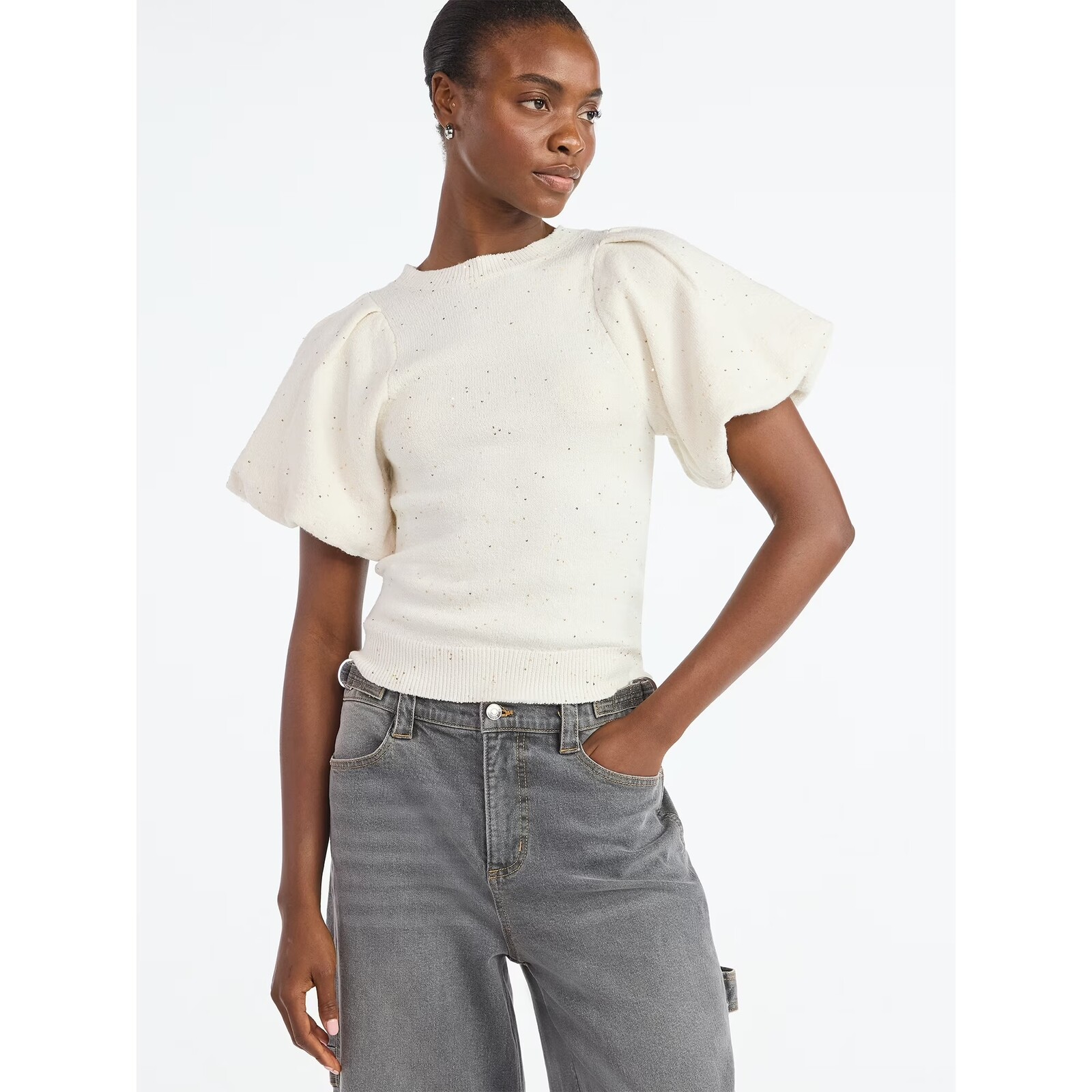 Scoop Sequin Sweater Top with Puff Sleeves