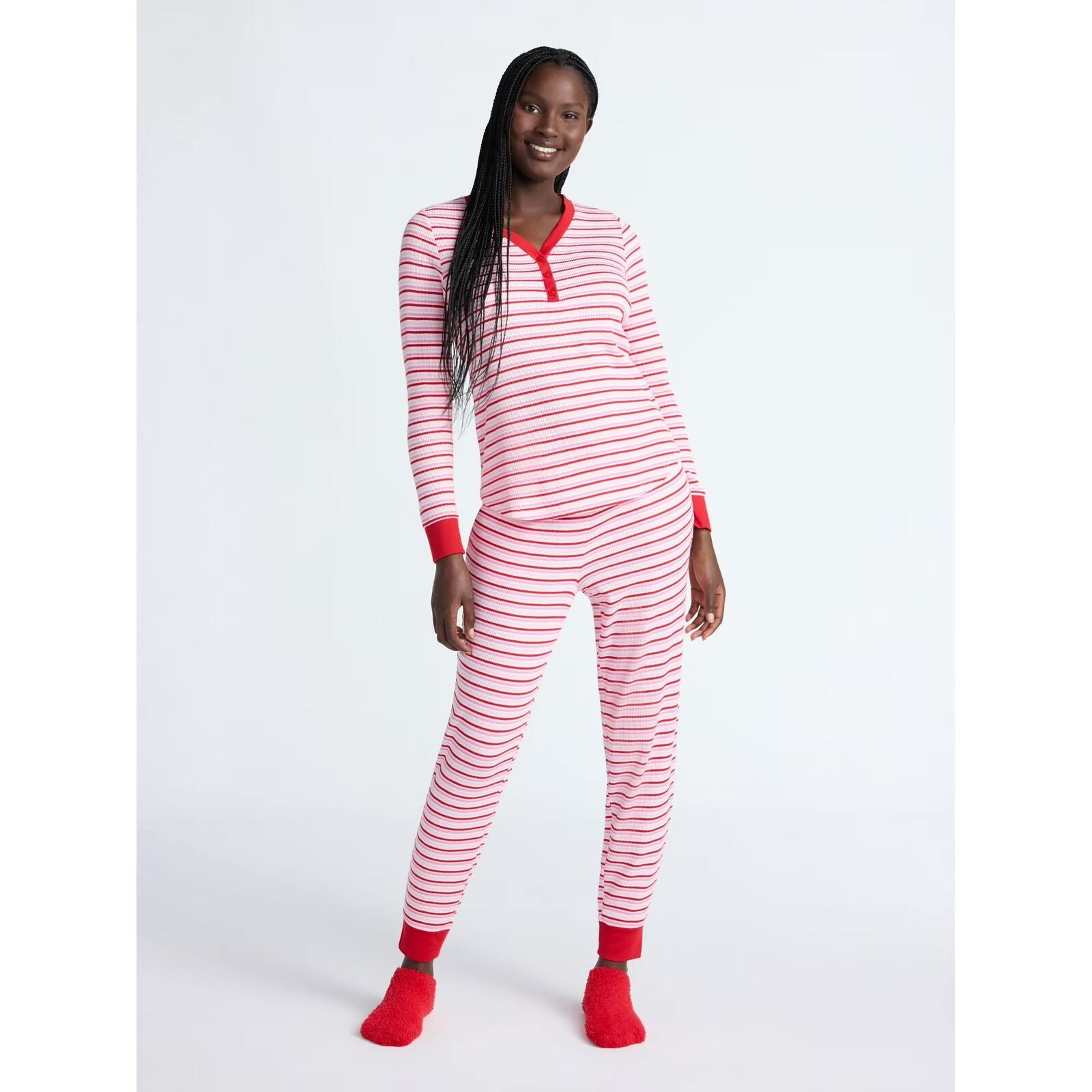 Joyspun Waffle Knit Henley Sleep Top, Joggers, and Socks Pajama Set