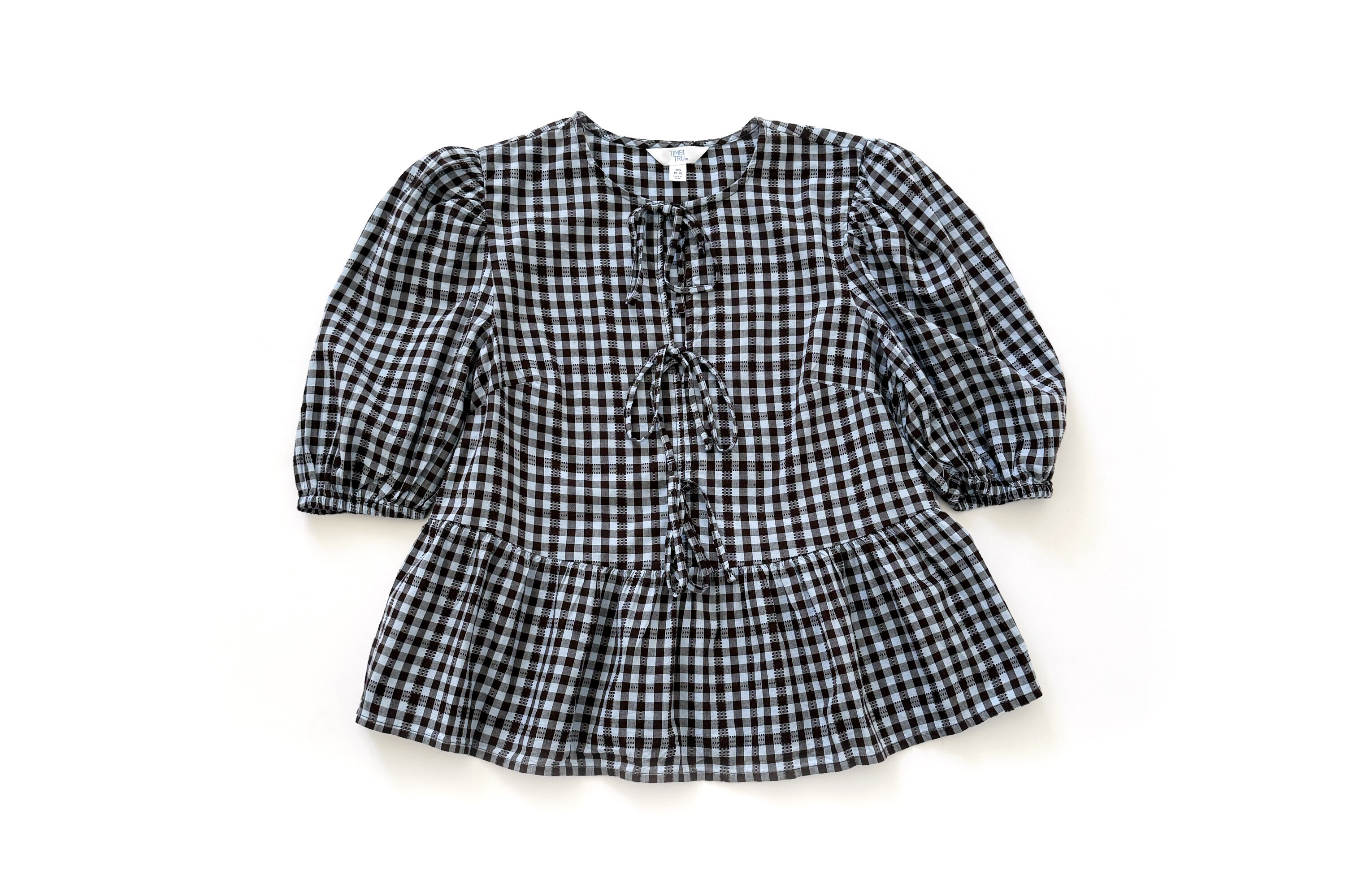 Time and Tru Tie Front Peplum Top with Short Puff Sleeves