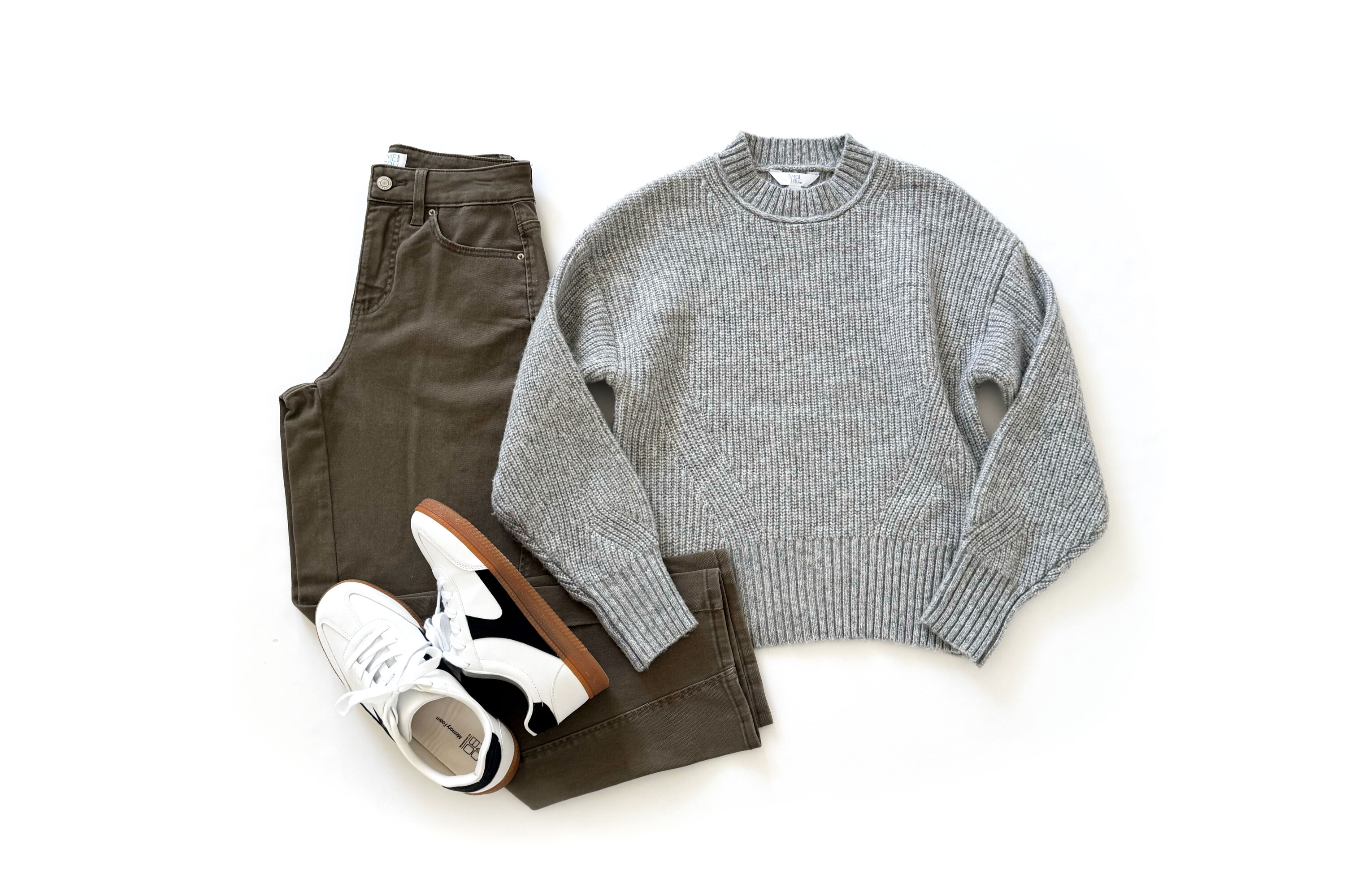 Time and Tru Shaker Sweater & Barrel Jean Outfit Idea