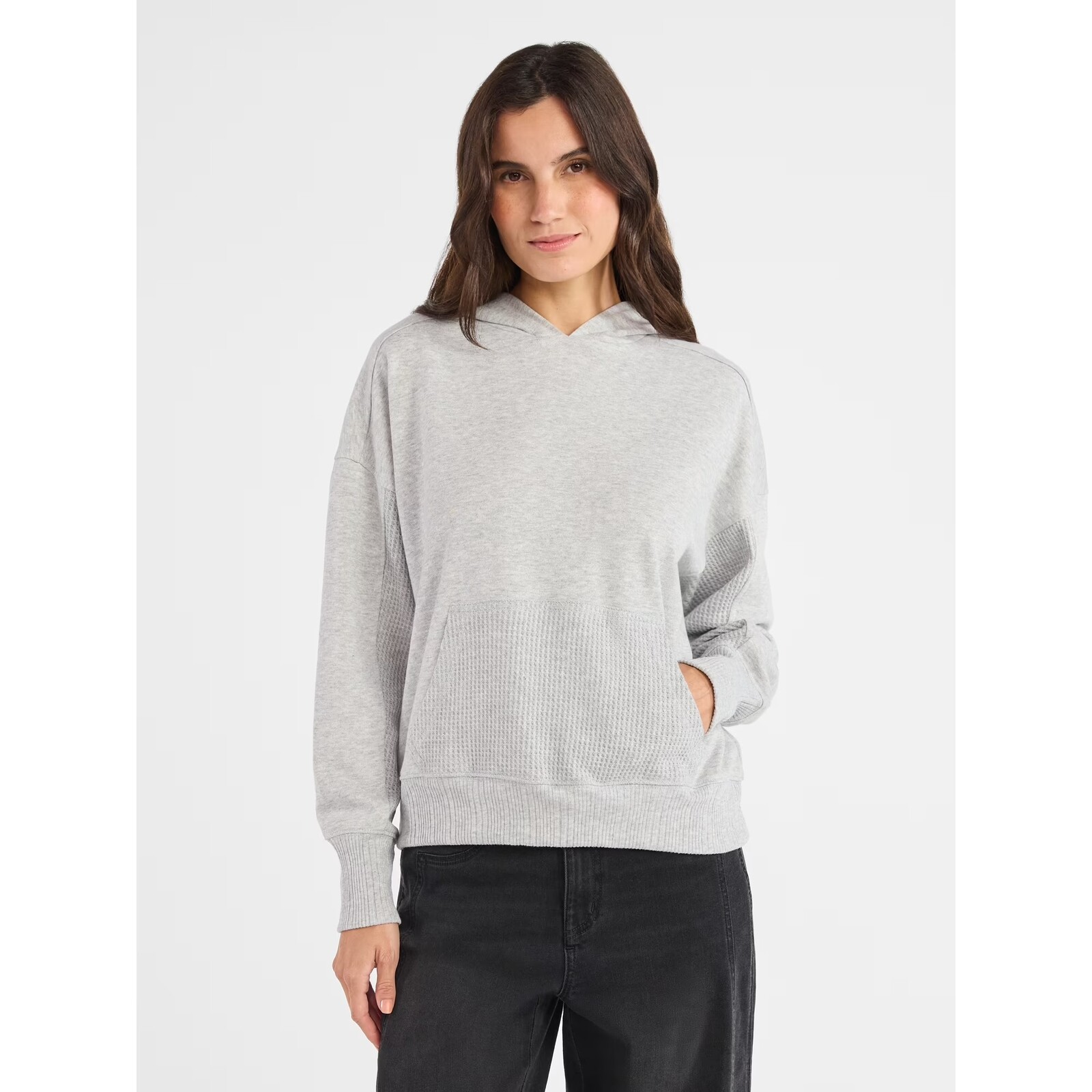 Time and Tru Waffle Pocket Mixed Media Hoodie