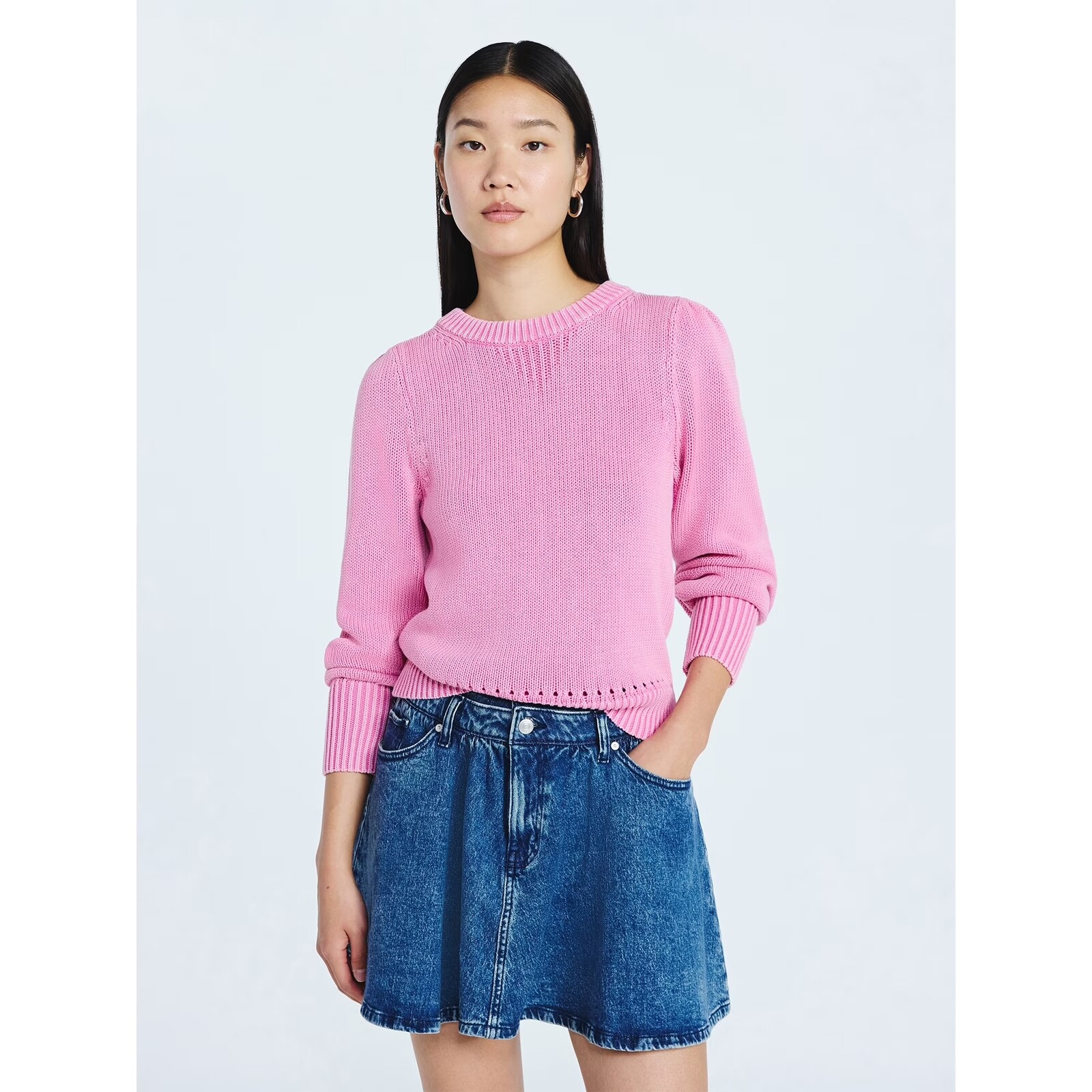 Scoop Acid Wash Cotton Sweater with Puff Sleeves
