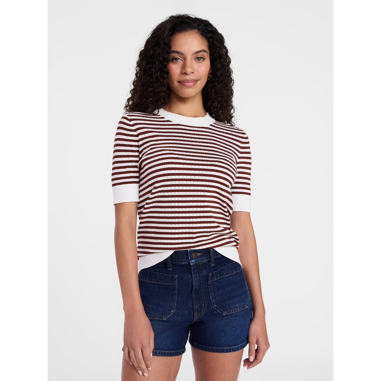  Time and Tru Stripe Pointelle Short Sleeve Rib Sweater