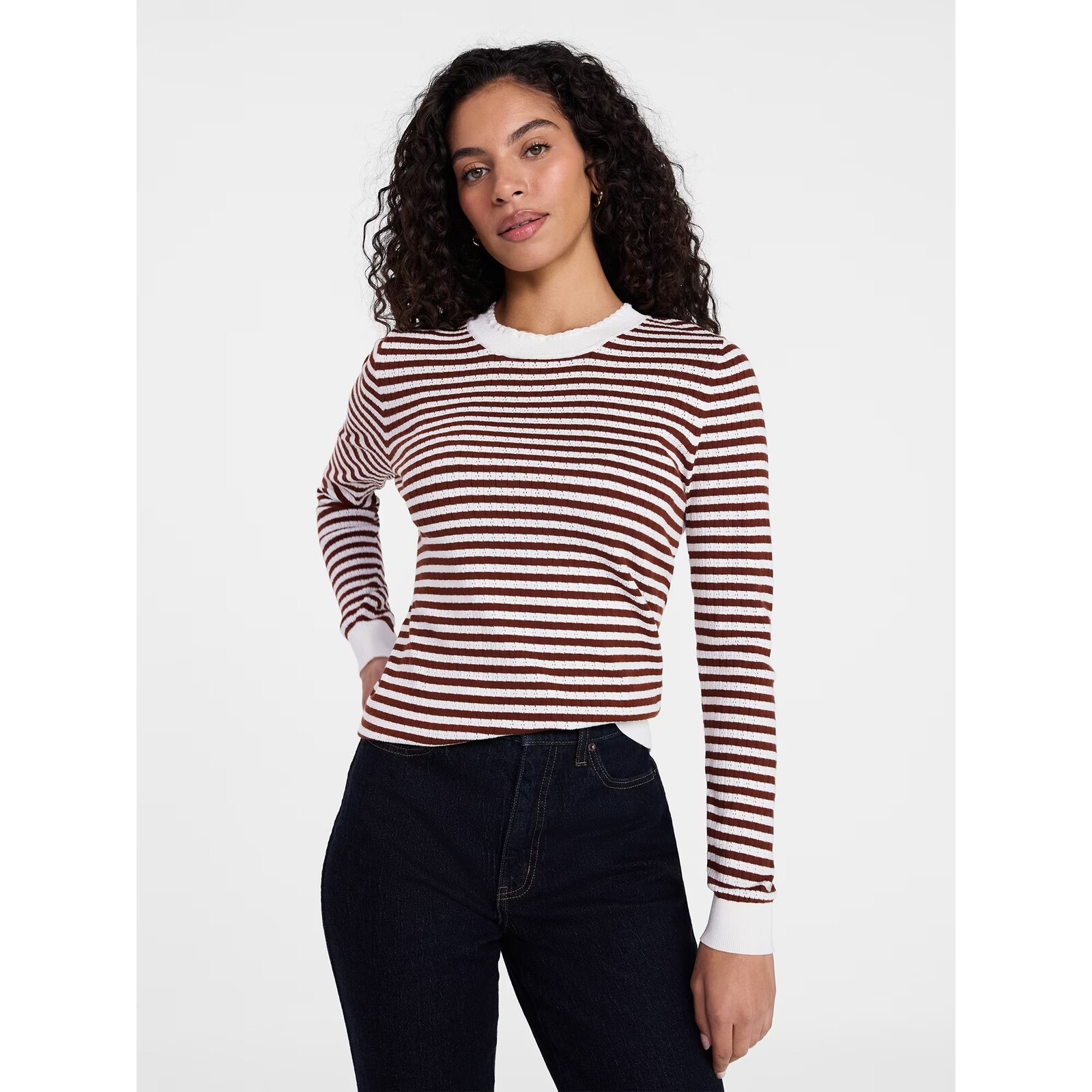 Time and Tru Stripe Pointelle Long Sleeve Rib Sweater