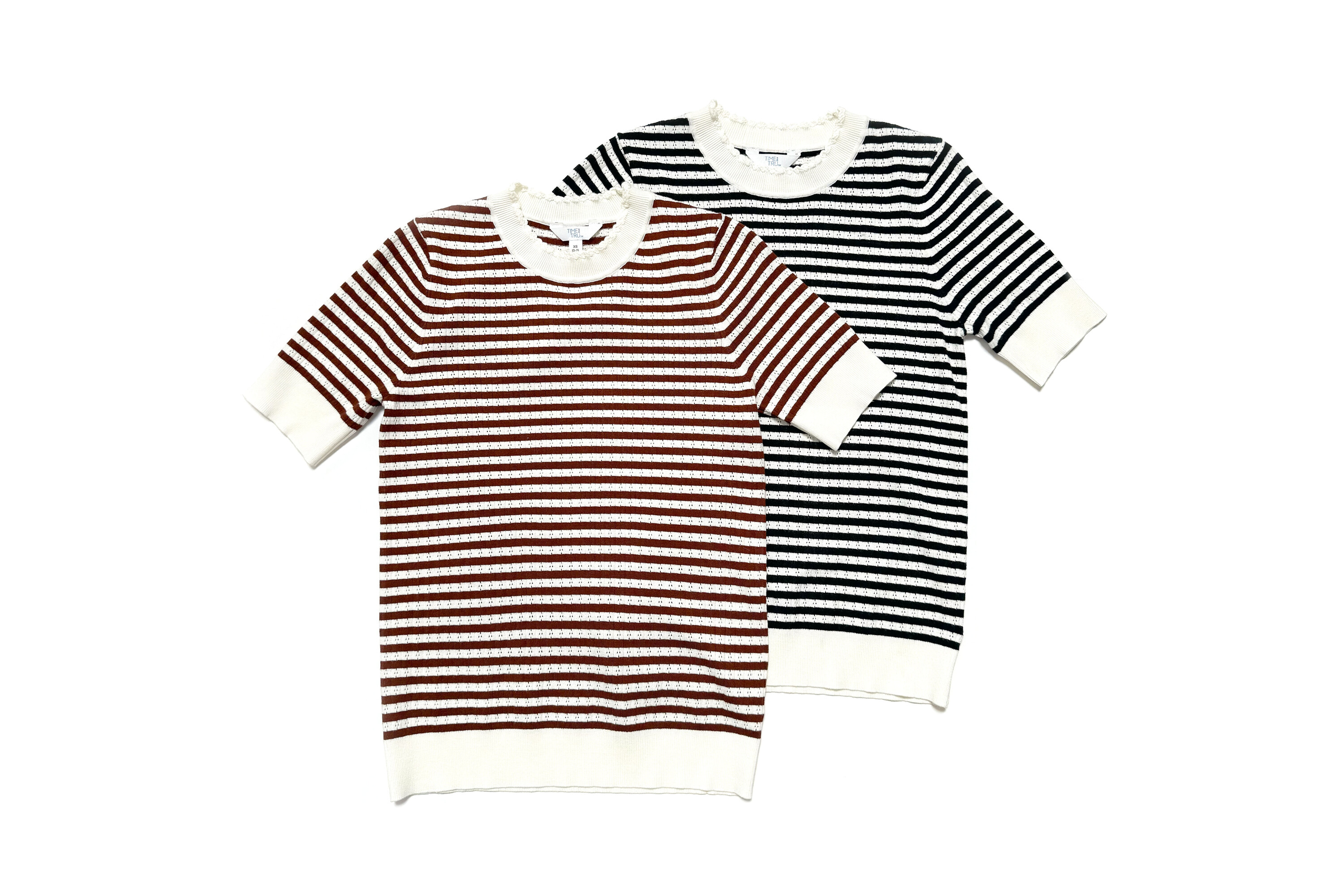 Time and Tru Stripe Pointelle Short Sleeve Rib Sweater