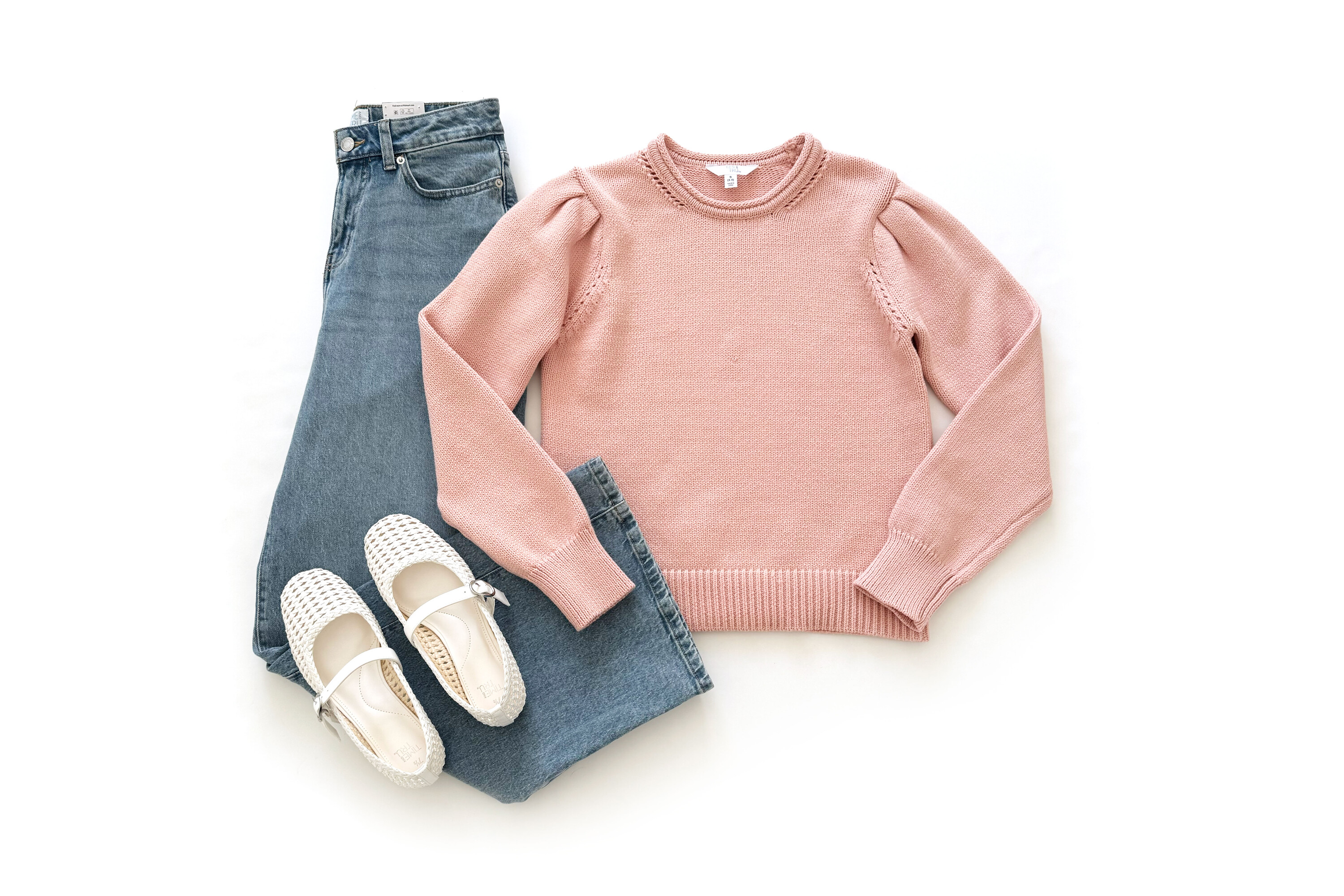Time and Tru Puff Sleeve Sweater & Wide Leg Jean Outfit Idea