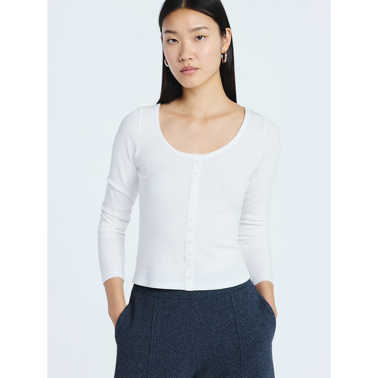 Scoop Lace Trim Scoop Neck Ribbed Tee with Long Sleeves