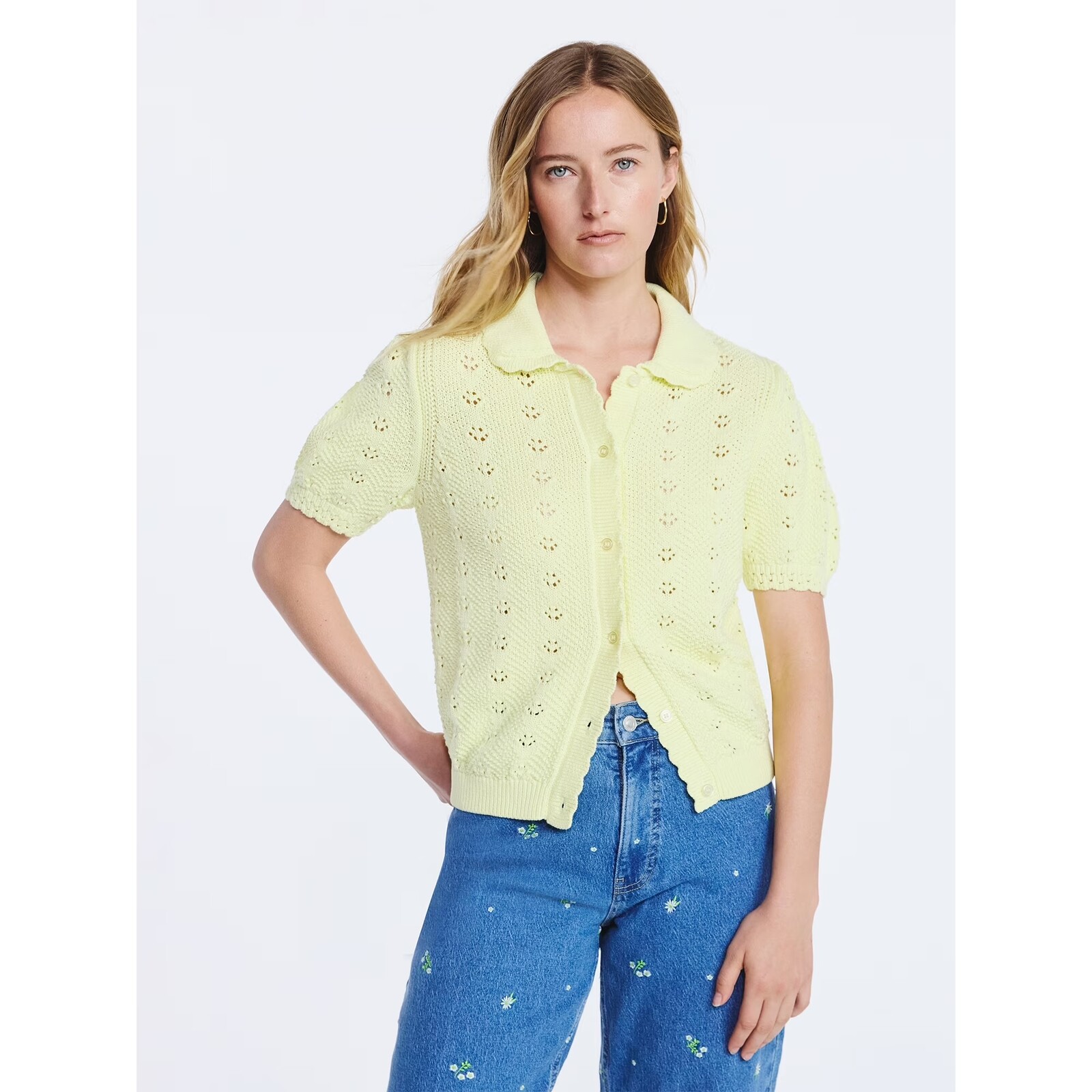 Free Assembly Short Sleeve Pointelle Cardigan Sweater