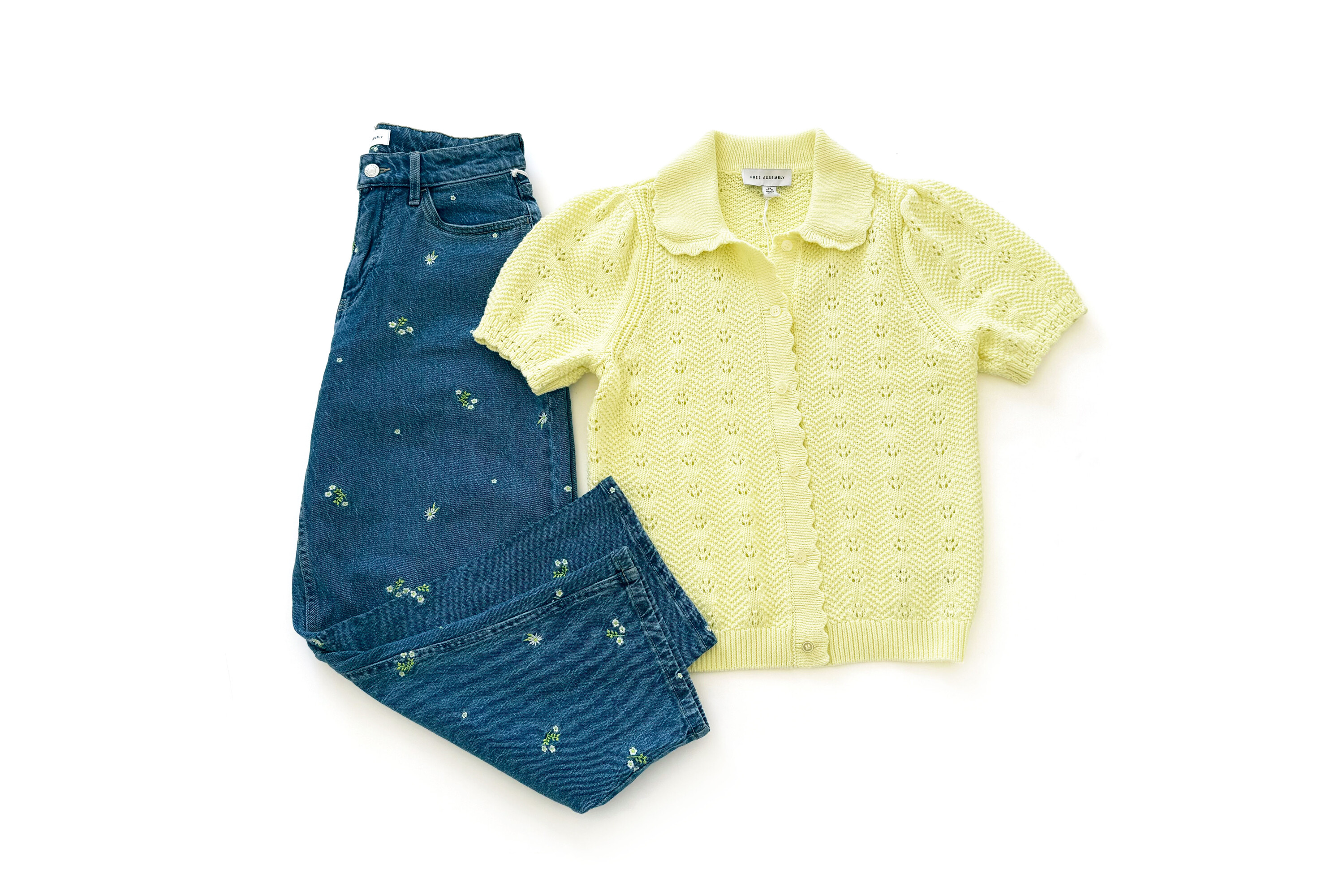 Free Assembly Short Sleeve Cardigan & Embroidered Jeans