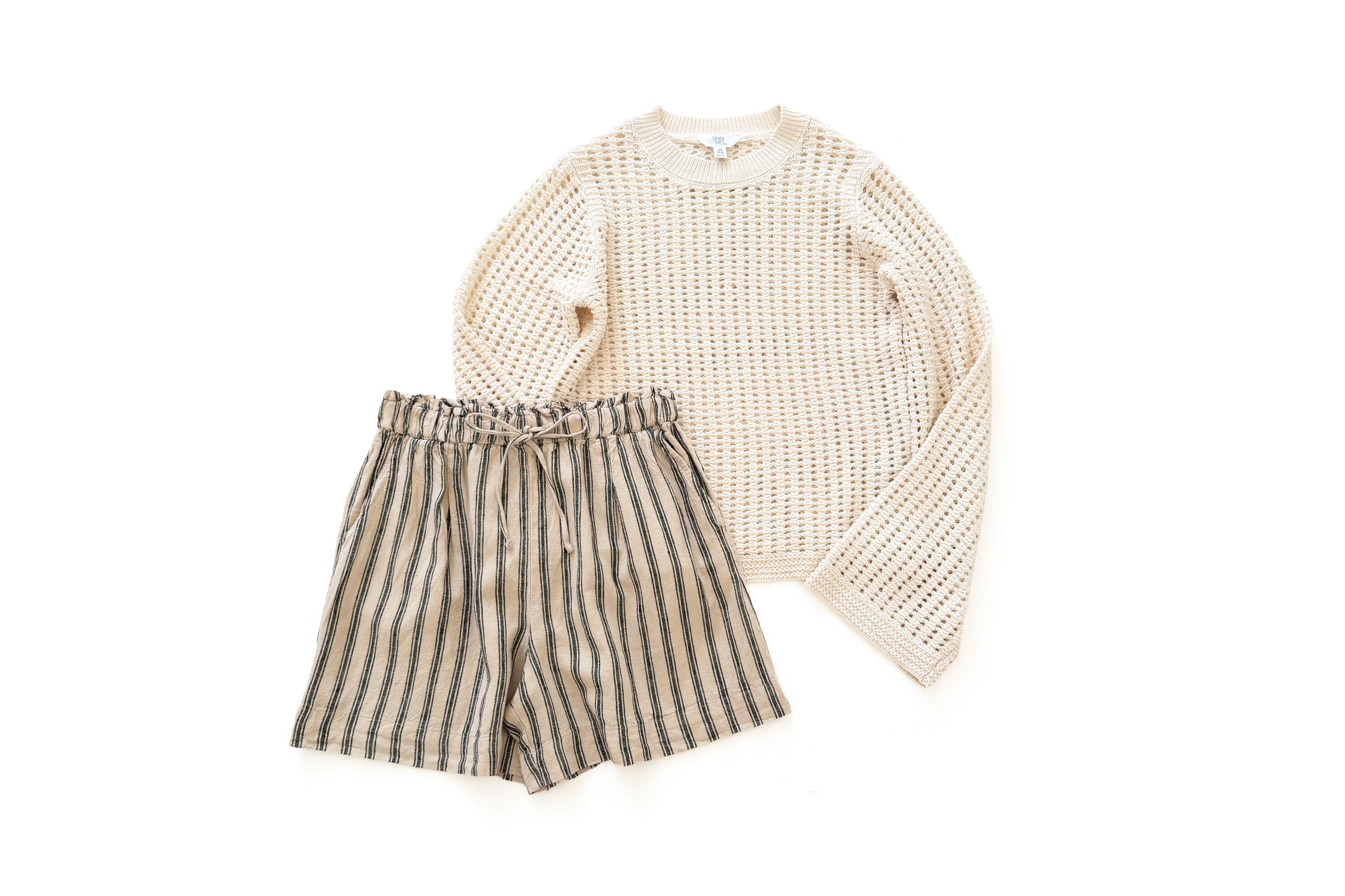 Time and Tru Textured Sweater & Linen Blend Shorts Outfit
