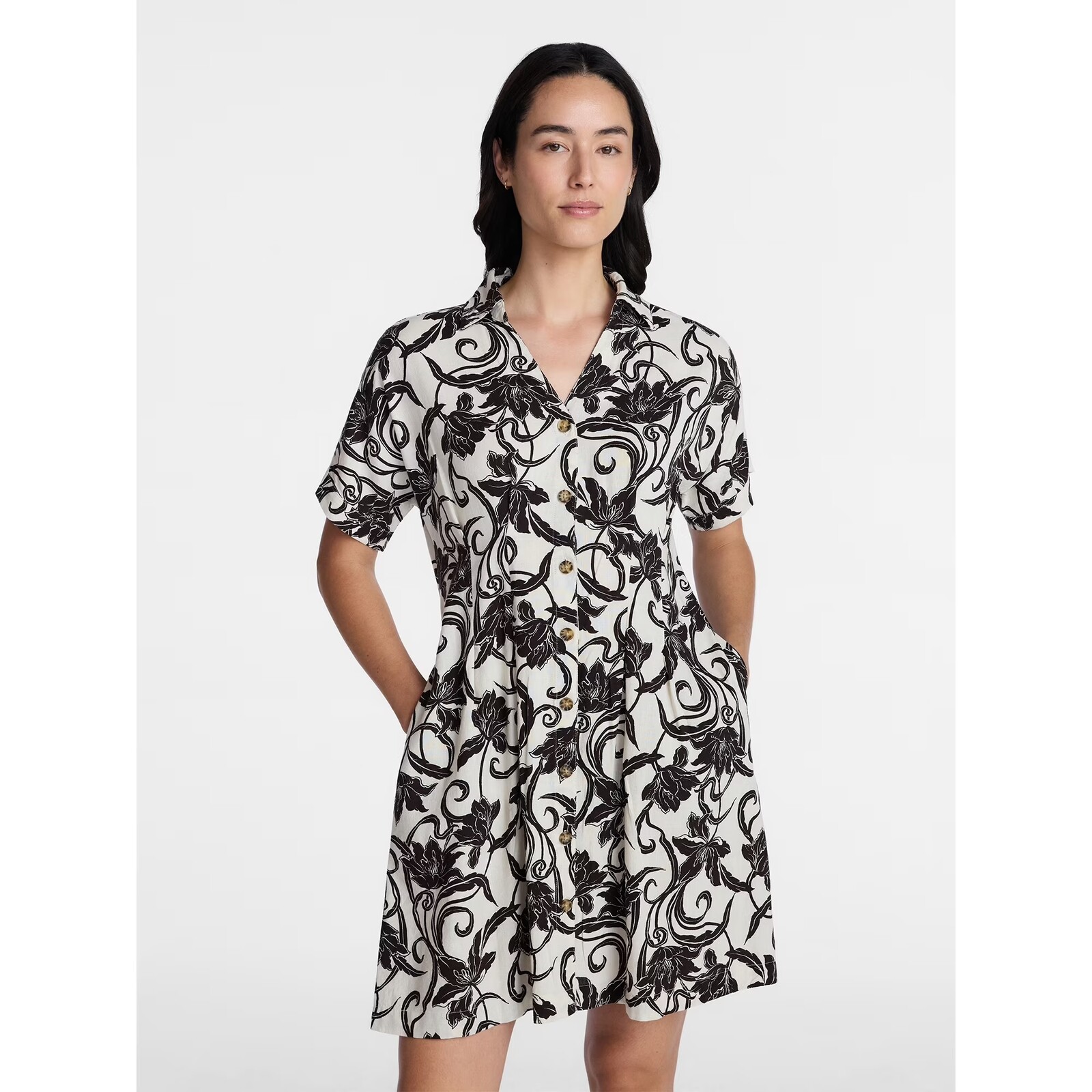 Time and Tru Linen Blend Pleated Waist Shirt Dress